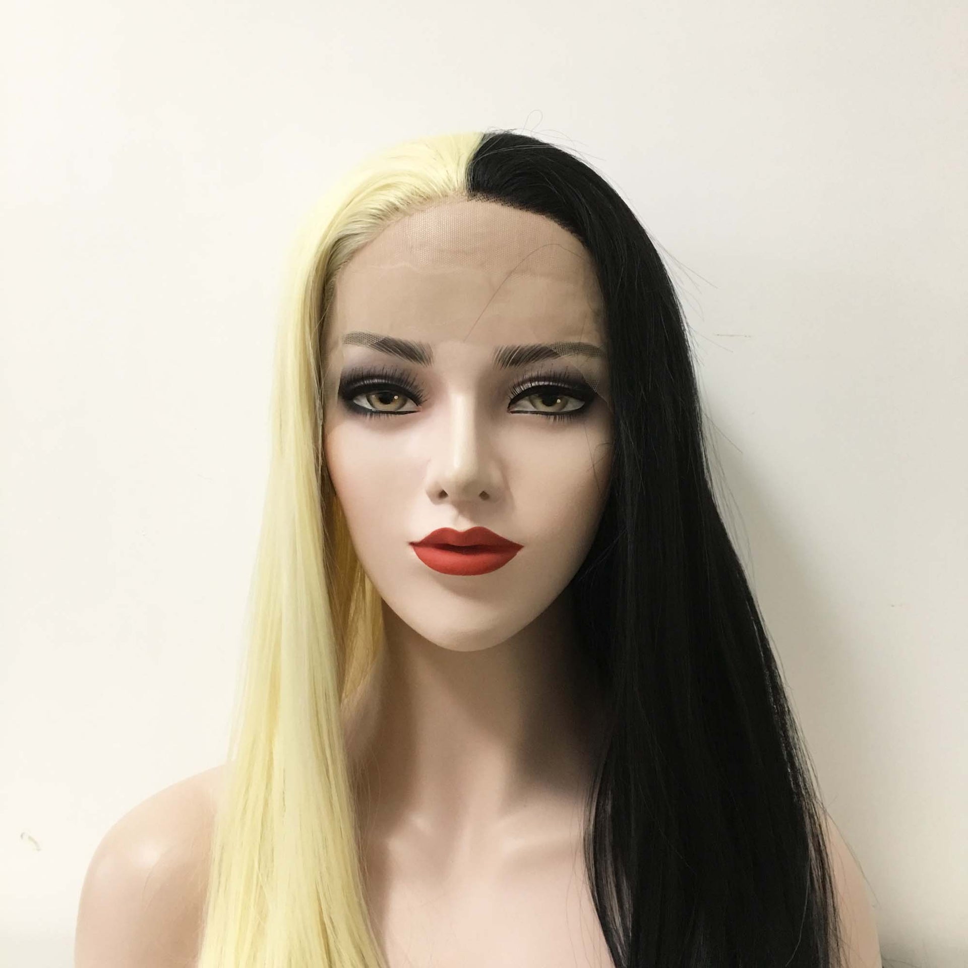 nevermindyrhead Women Lace Front Black Blonde Two Tone Middle Part Long Straight Hair Cosplay Party Wig