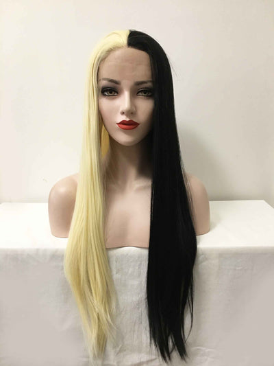 Women Black Blonde Split Colors Lace Front Long Straight Middle Part Wig