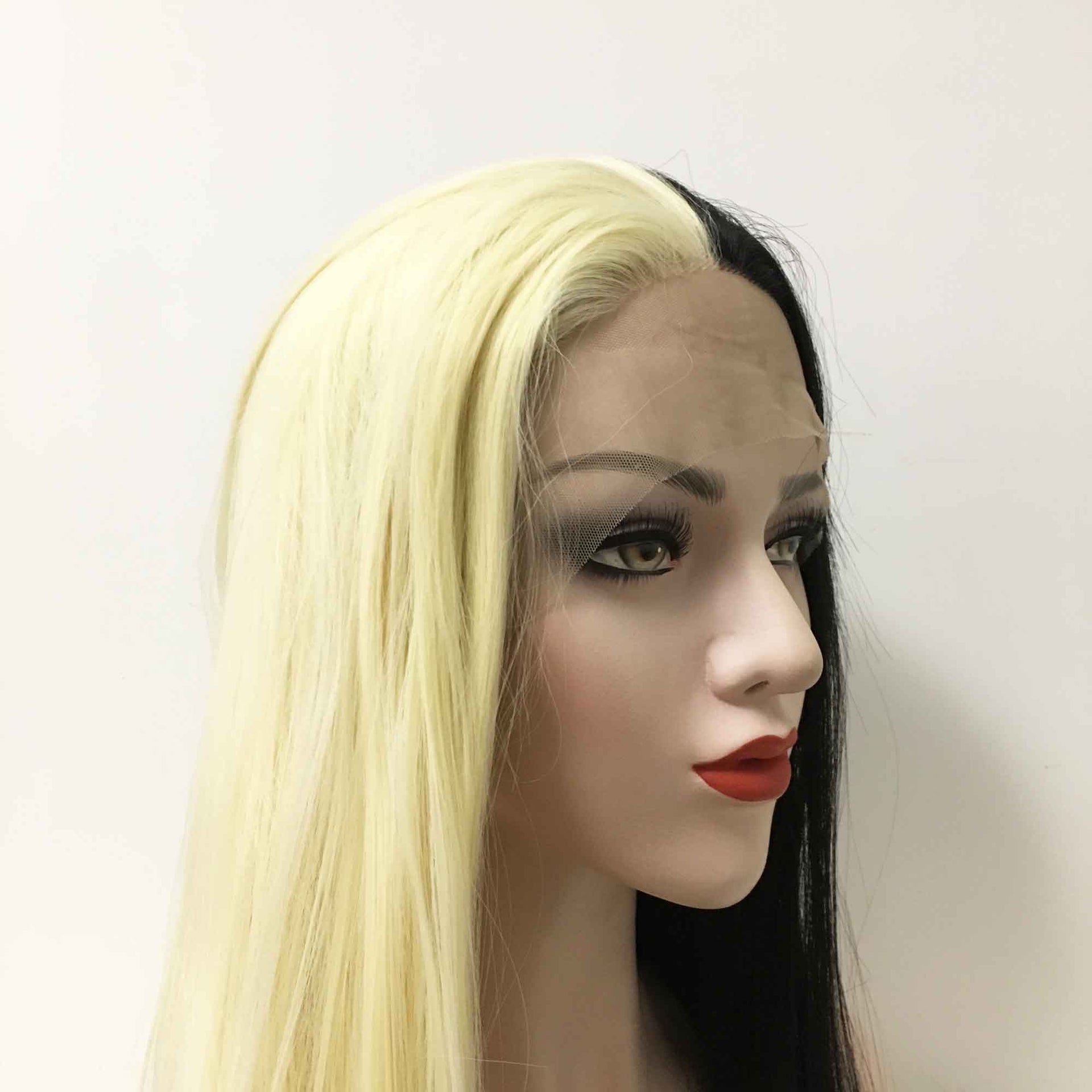 nevermindyrhead Women Lace Front Black Blonde Two Tone Middle Part Long Straight Hair Cosplay Party Wig