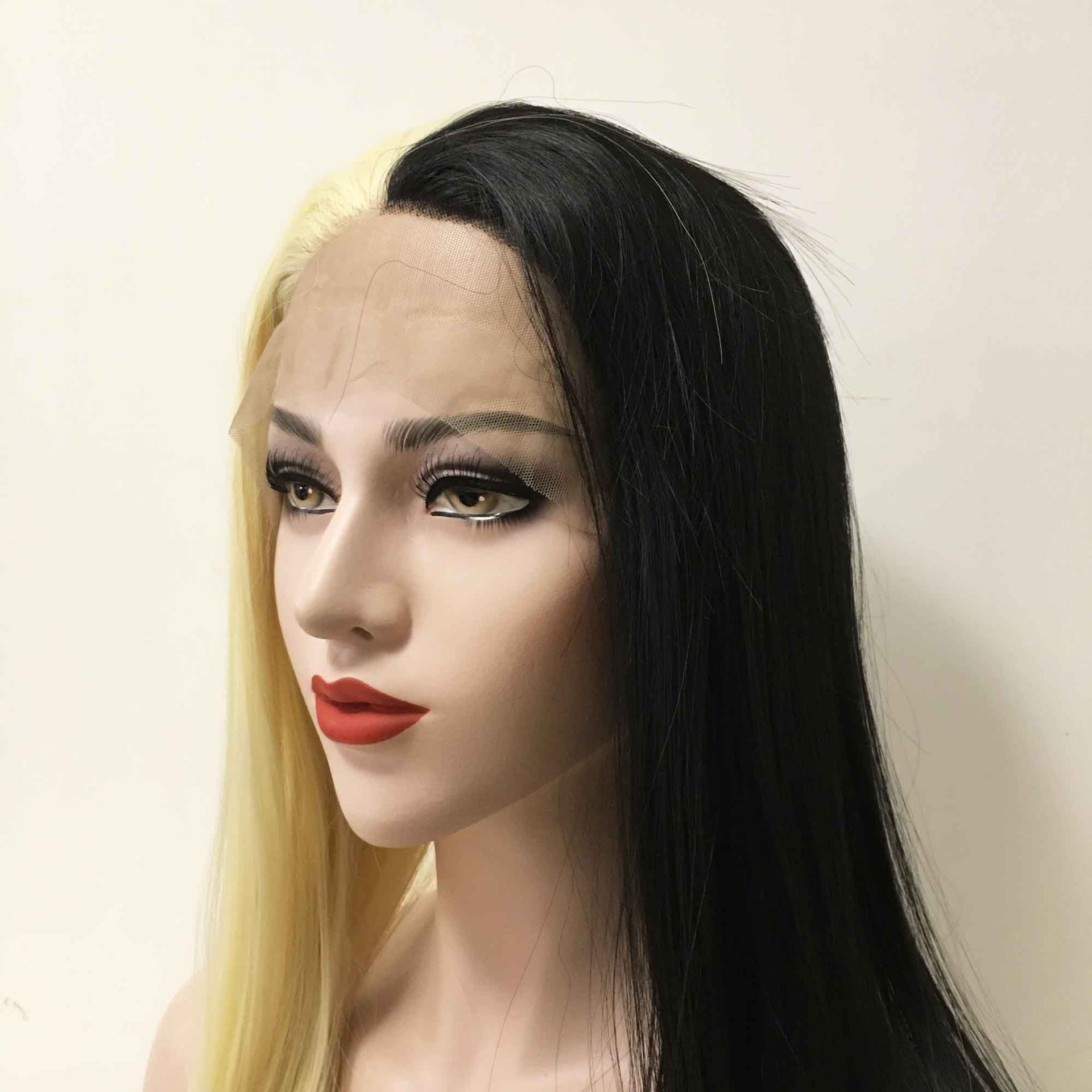 nevermindyrhead Women Lace Front Black Blonde Two Tone Middle Part Long Straight Hair Cosplay Party Wig