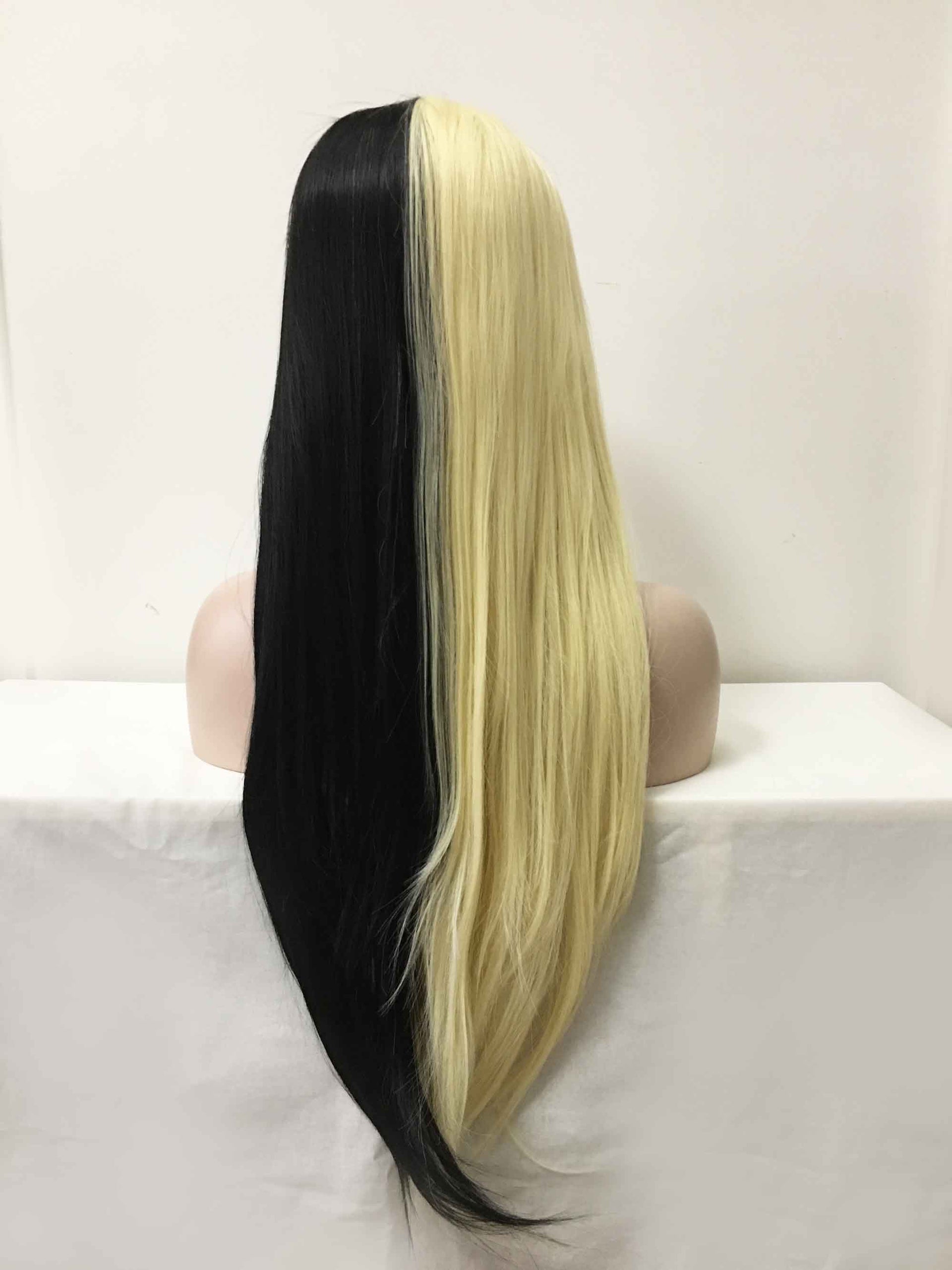 nevermindyrhead Women Lace Front Black Blonde Two Tone Middle Part Long Straight Hair Cosplay Party Wig