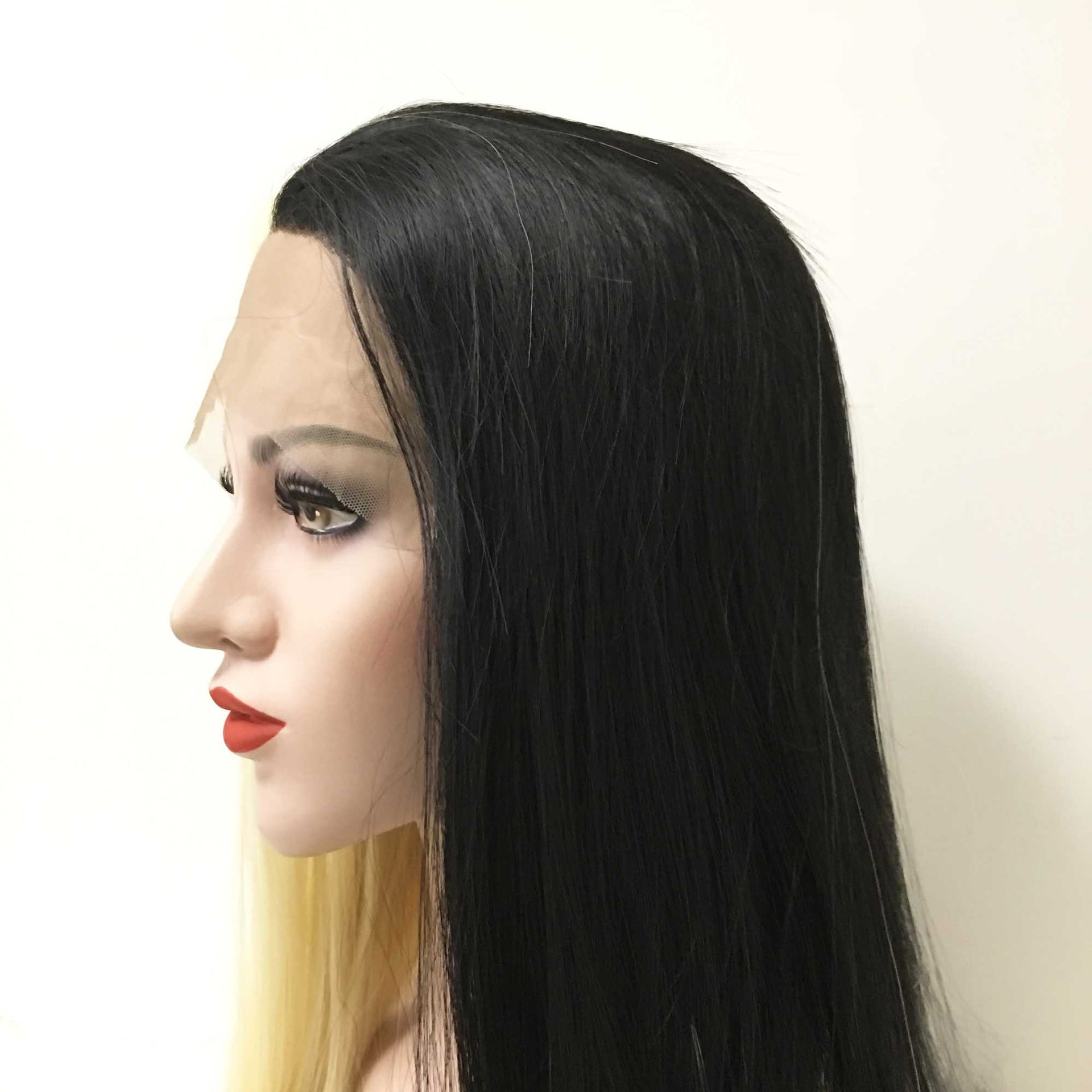 nevermindyrhead Women Lace Front Black Blonde Two Tone Middle Part Long Straight Hair Cosplay Party Wig