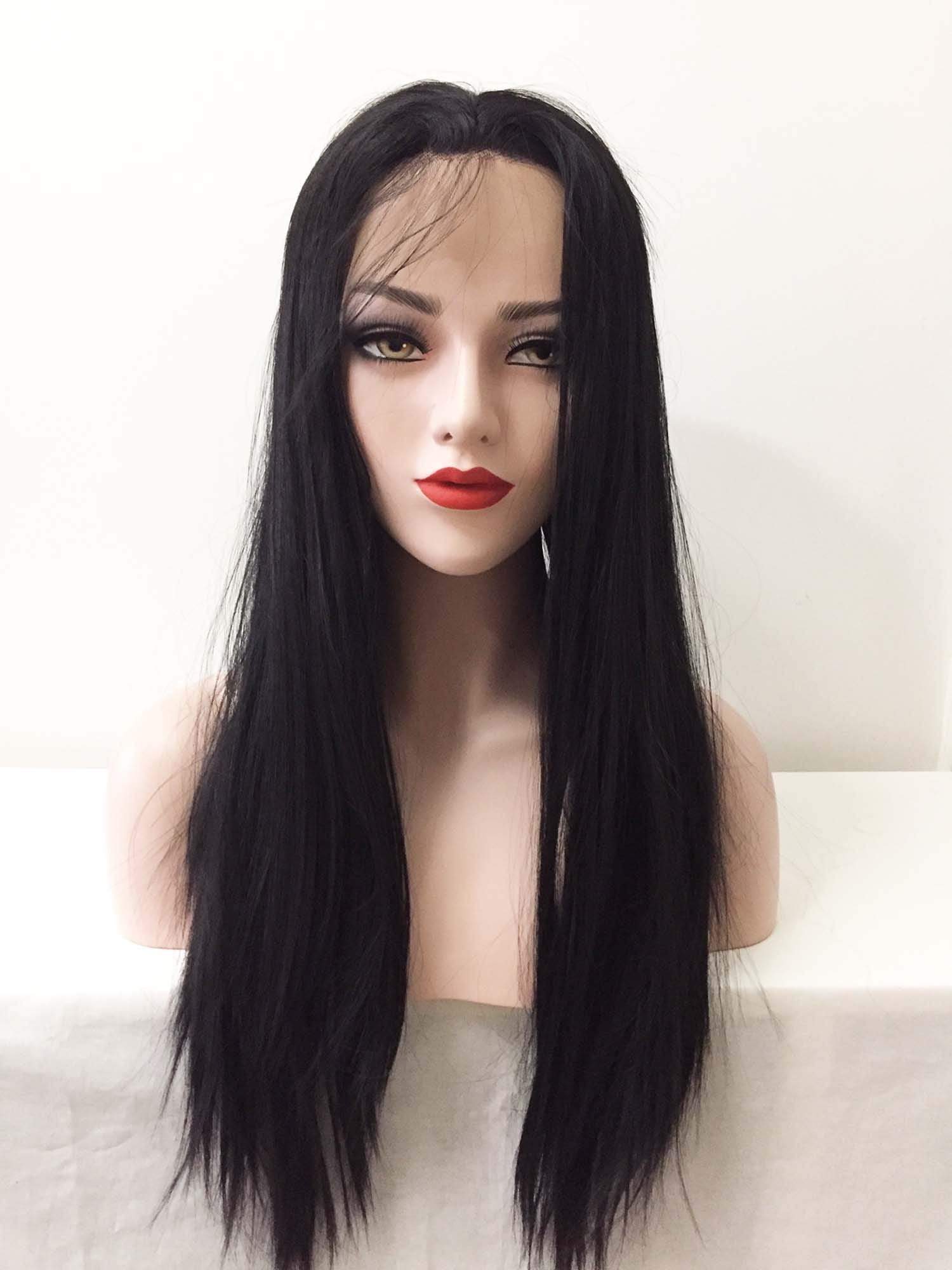 nevermindyrhead Women Lace Front Black Pre-plucked Natural Hairline Soft Bangs Long Straight Hair Wig