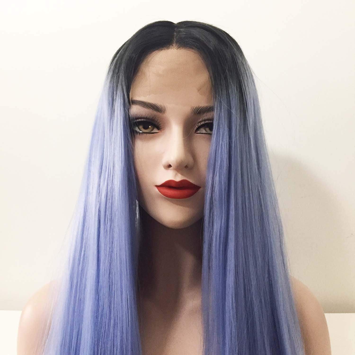 nevermindyrhead Women Lace Front Ombre Light Blue Dark Root Black Middle Part Long Hair Wig