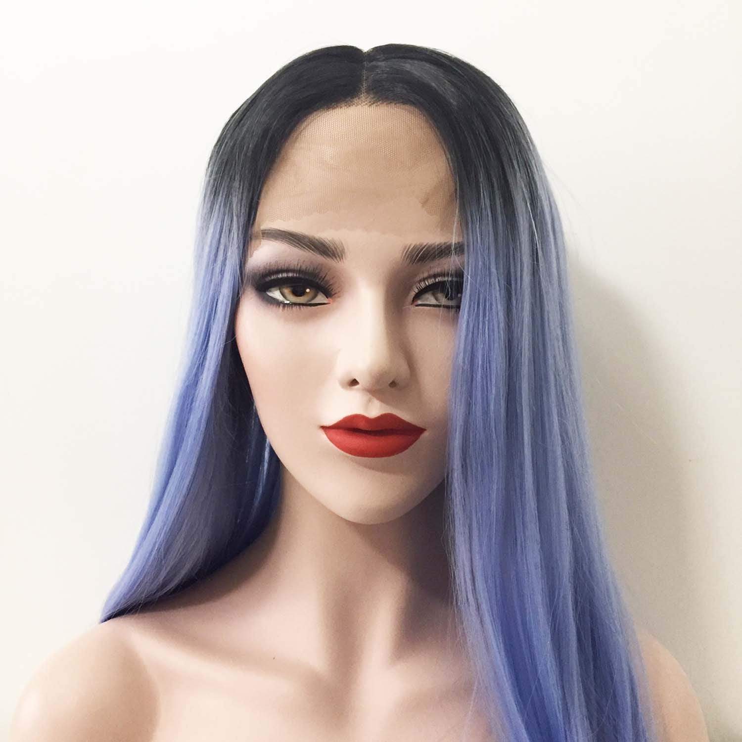 nevermindyrhead Women Lace Front Ombre Light Blue Dark Root Black Middle Part Long Hair Wig