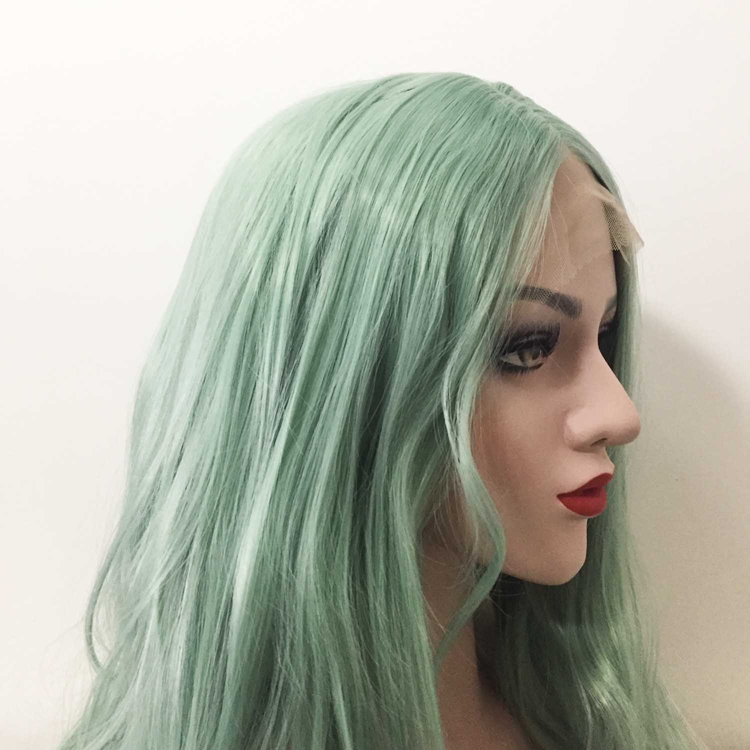 nevermindyrhead Women Lace Front Pastel Green Middle Part Long Curly Wavy Hair Wig