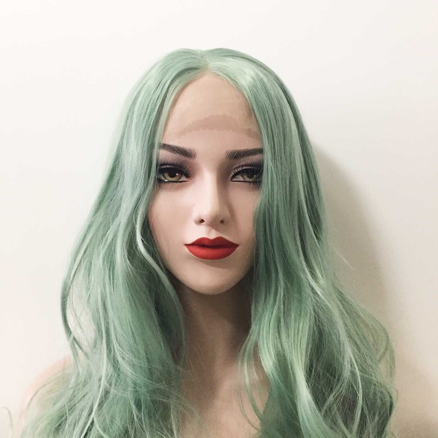 nevermindyrhead Women Lace Front Pastel Green Middle Part Long Curly Wavy Hair Wig