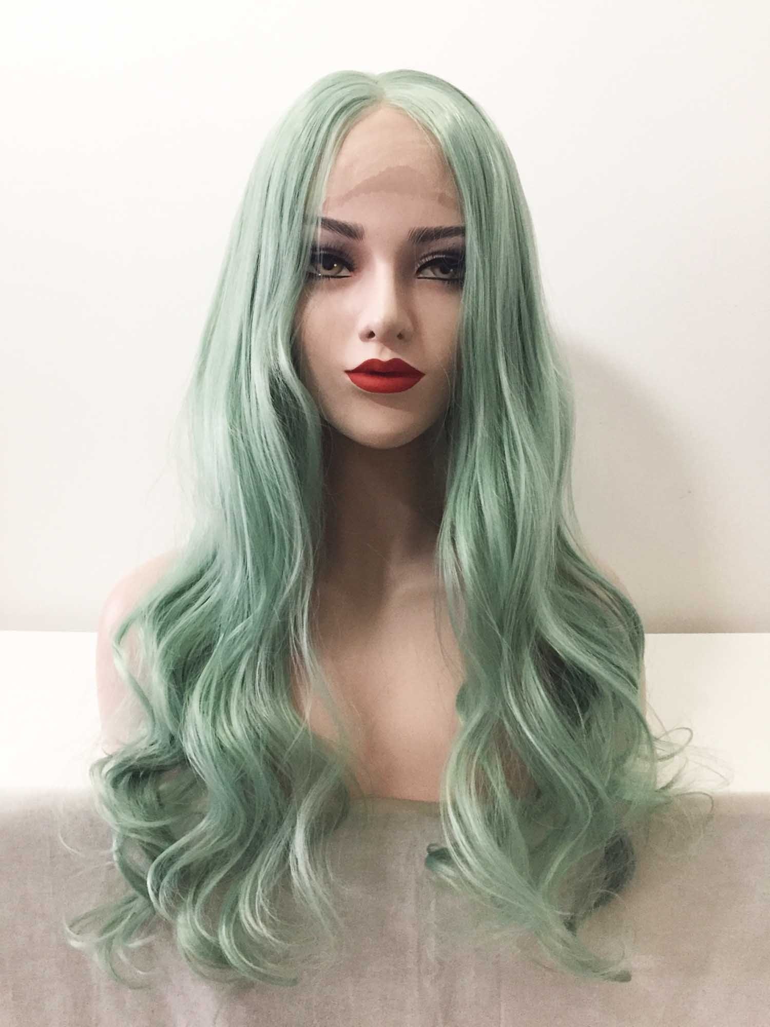 nevermindyrhead Women Lace Front Pastel Green Middle Part Long Curly Wavy Hair Wig