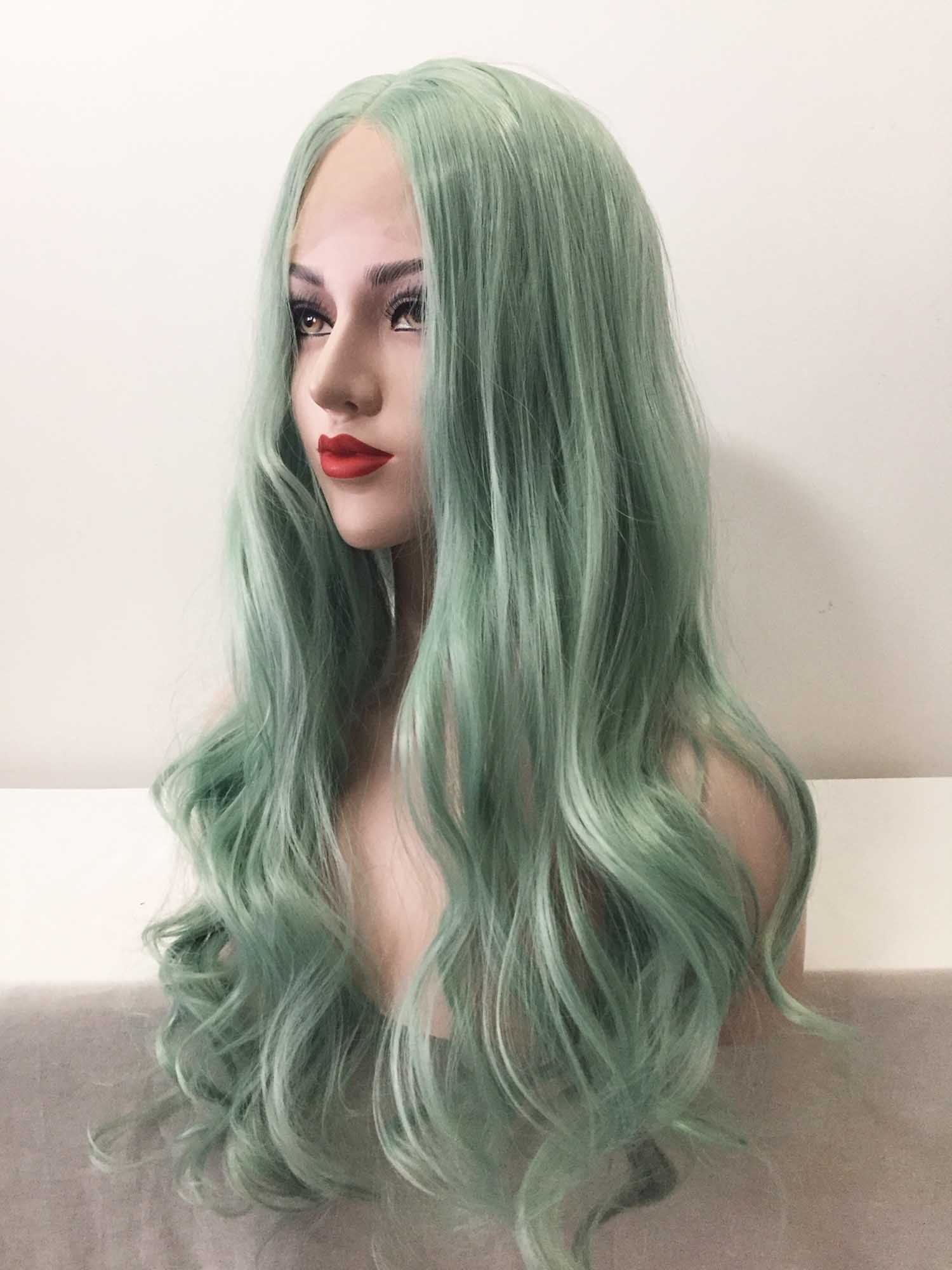 nevermindyrhead Women Lace Front Pastel Green Middle Part Long Curly Wavy Hair Wig