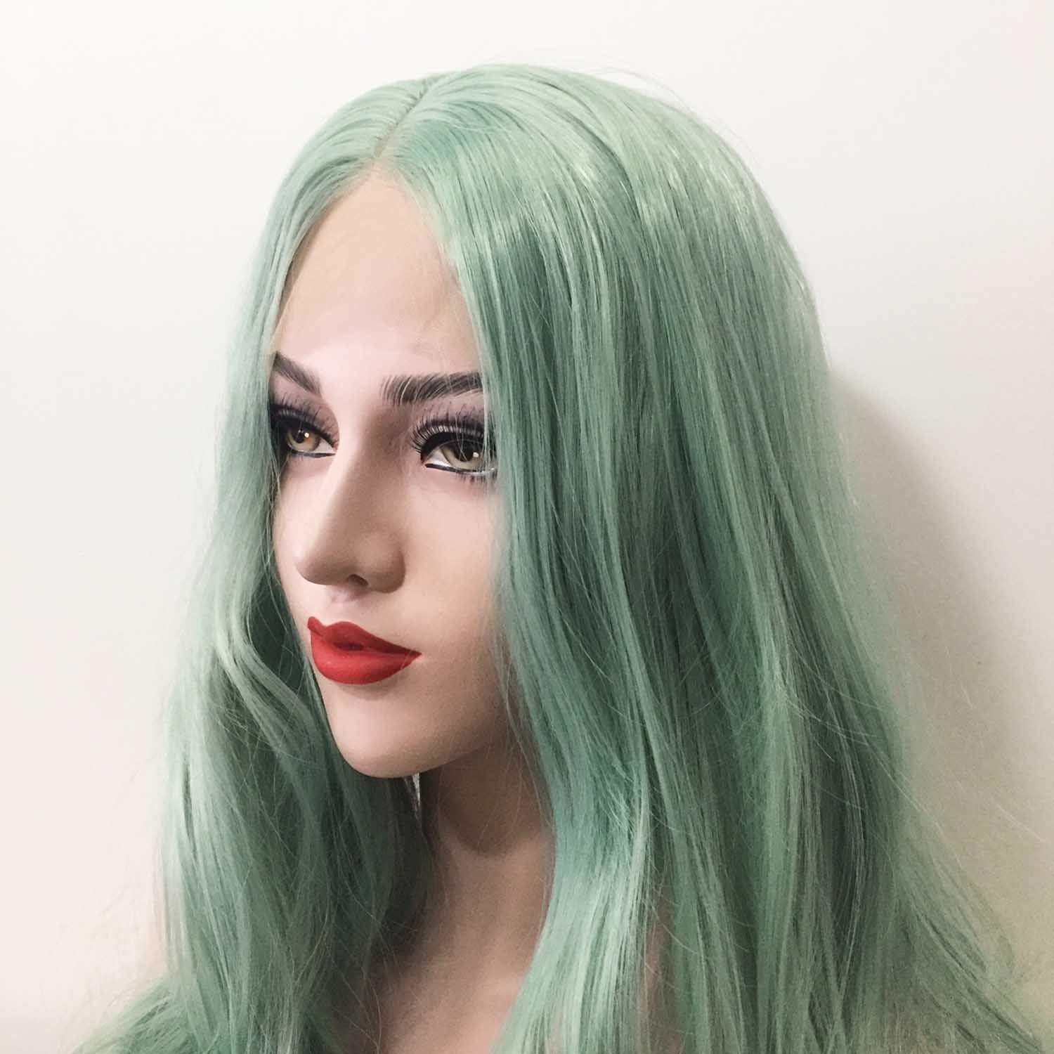 nevermindyrhead Women Lace Front Pastel Green Middle Part Long Curly Wavy Hair Wig