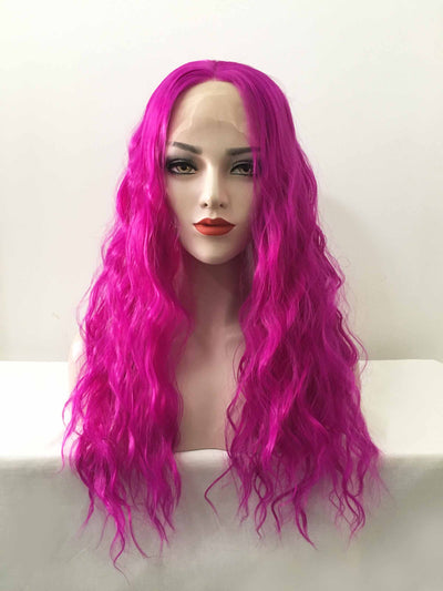 Women Magenta Pink Lace Front Middle Part Long Curly Hair Wig