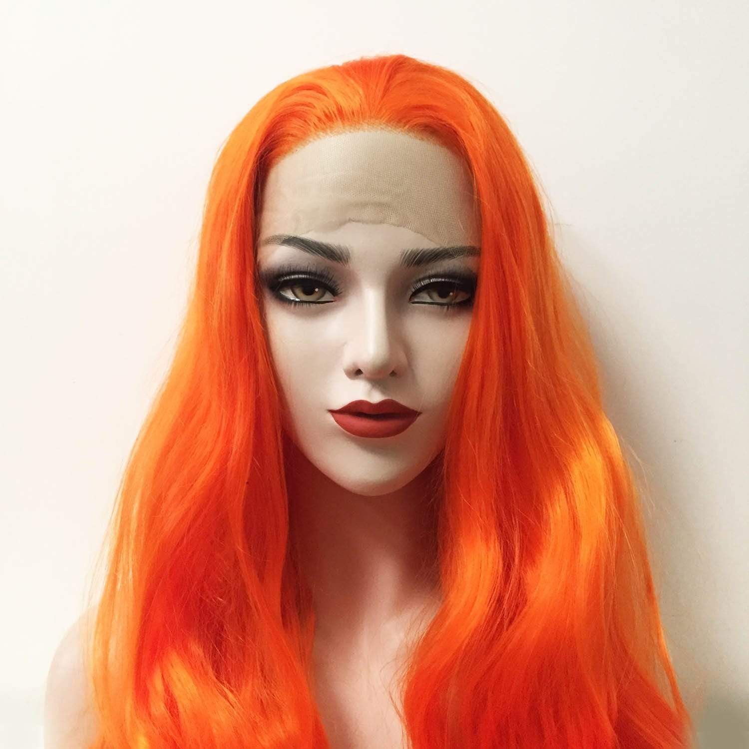 nevermindyrhead Women Lace Front Sharp Orange Free Parting Long Wavy Curly Thick Hair Wig