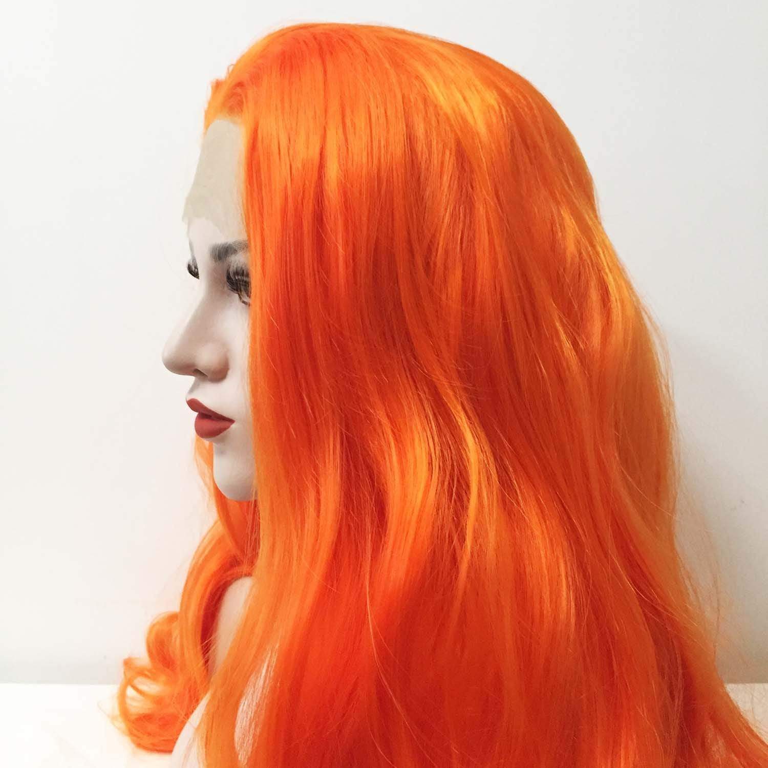 nevermindyrhead Women Lace Front Sharp Orange Free Parting Long Wavy Curly Thick Hair Wig