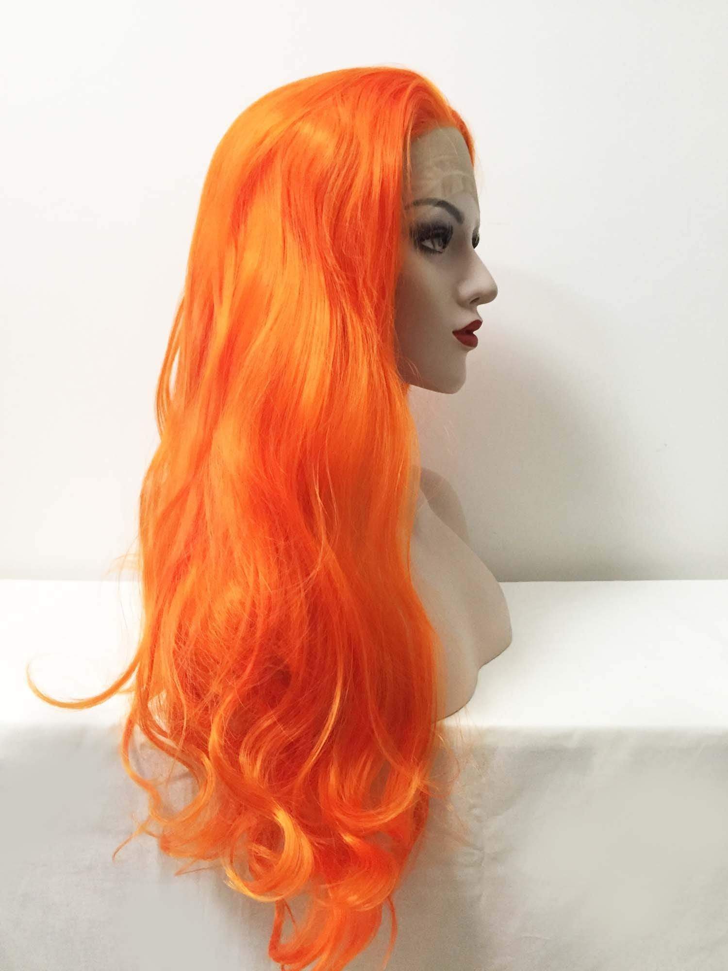 nevermindyrhead Women Lace Front Sharp Orange Free Parting Long Wavy Curly Thick Hair Wig