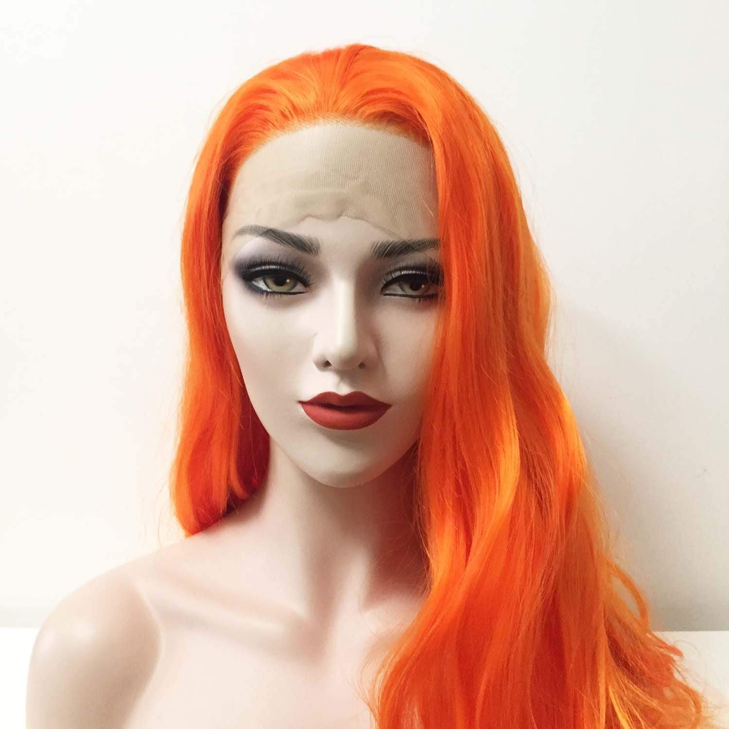 nevermindyrhead Women Lace Front Sharp Orange Free Parting Long Wavy Curly Thick Hair Wig