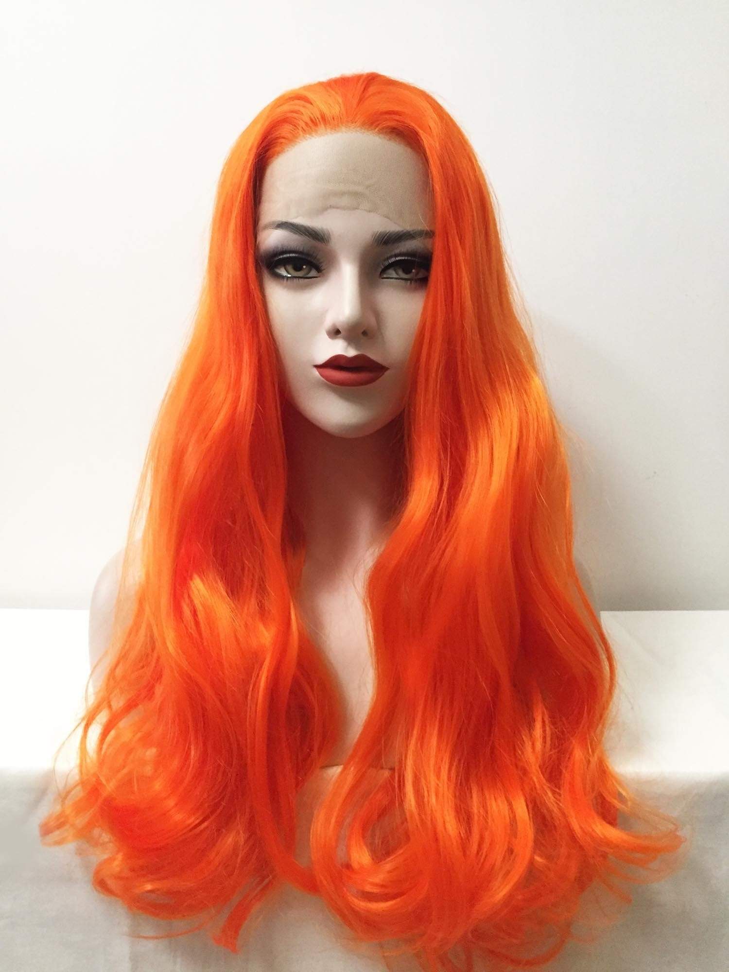 nevermindyrhead Women Lace Front Sharp Orange Free Parting Long Wavy Curly Thick Hair Wig