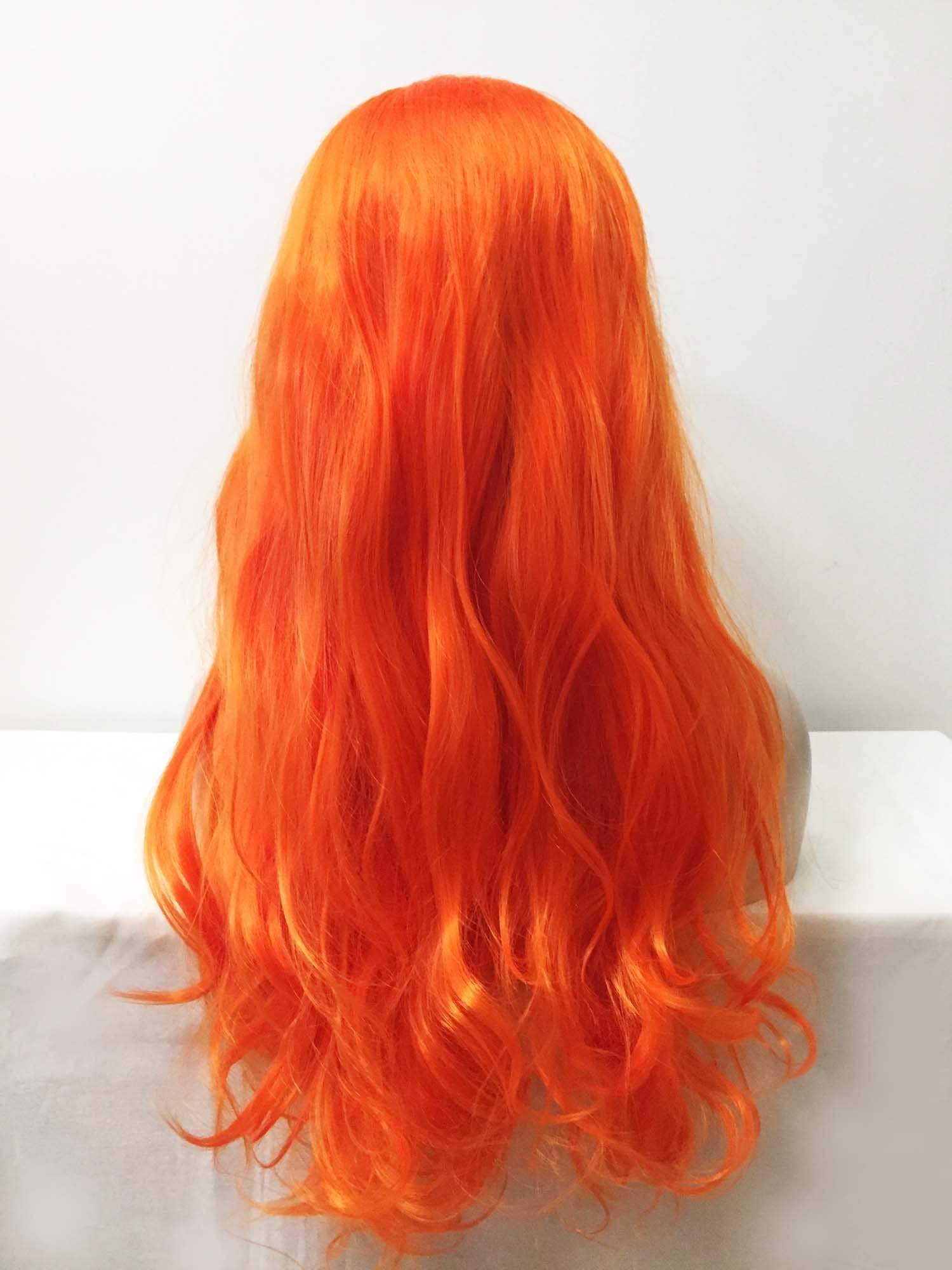 nevermindyrhead Women Lace Front Sharp Orange Free Parting Long Wavy Curly Thick Hair Wig