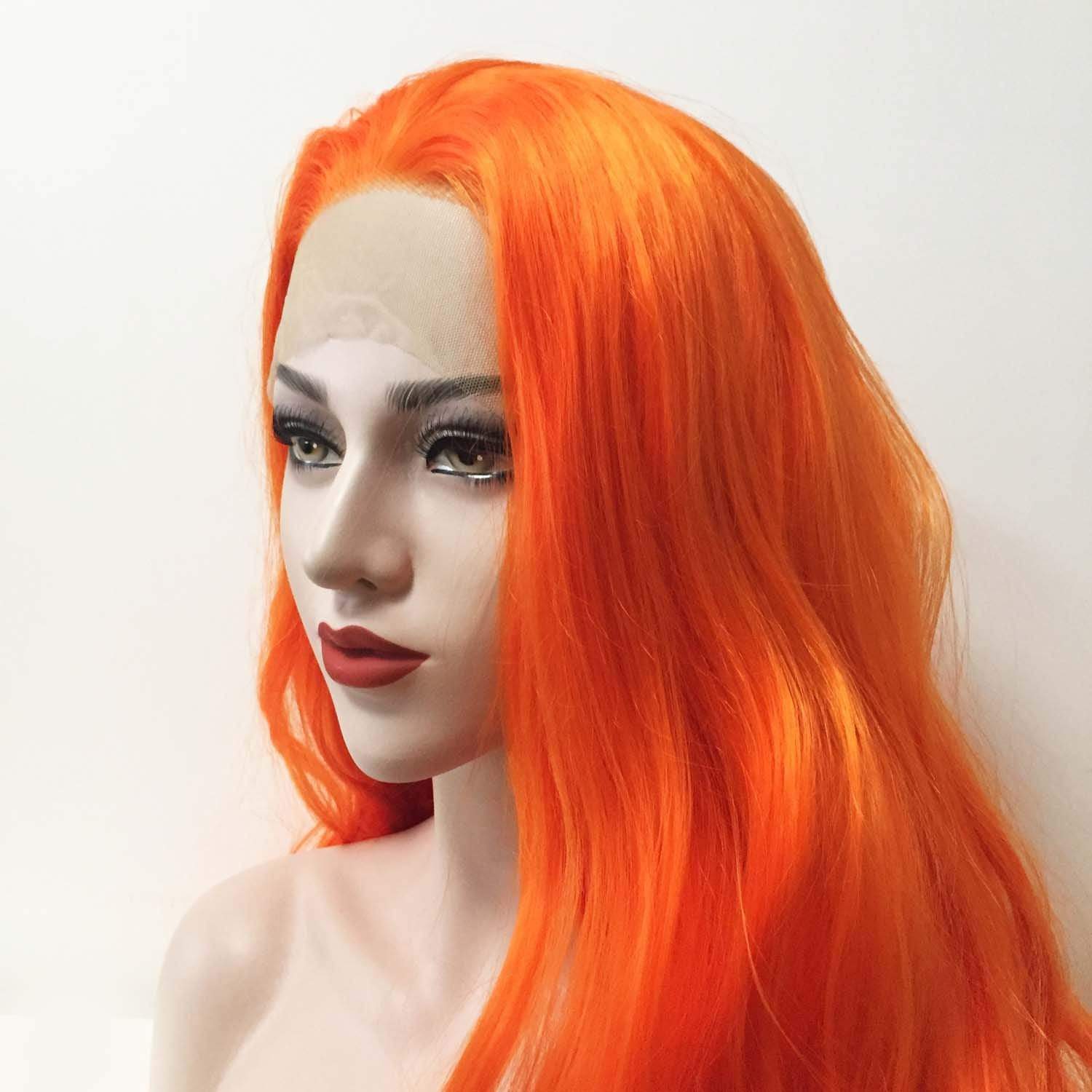 nevermindyrhead Women Lace Front Sharp Orange Free Parting Long Wavy Curly Thick Hair Wig