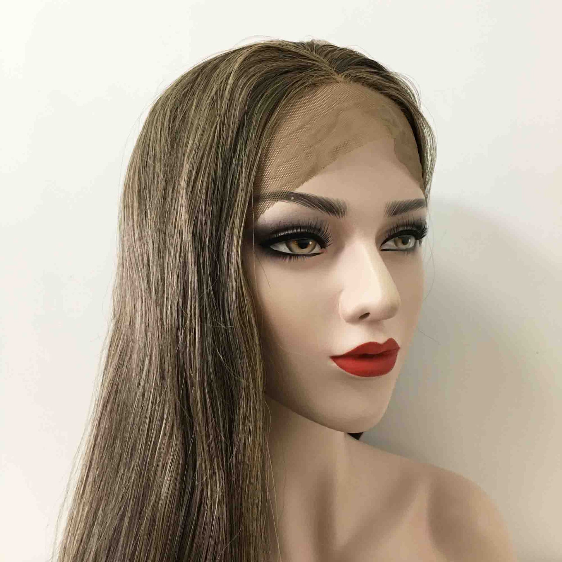 nevermindyrhead Women Lace Front Very Dark Brown Ash Blonde Highlight Long Straight Middle Part Wig