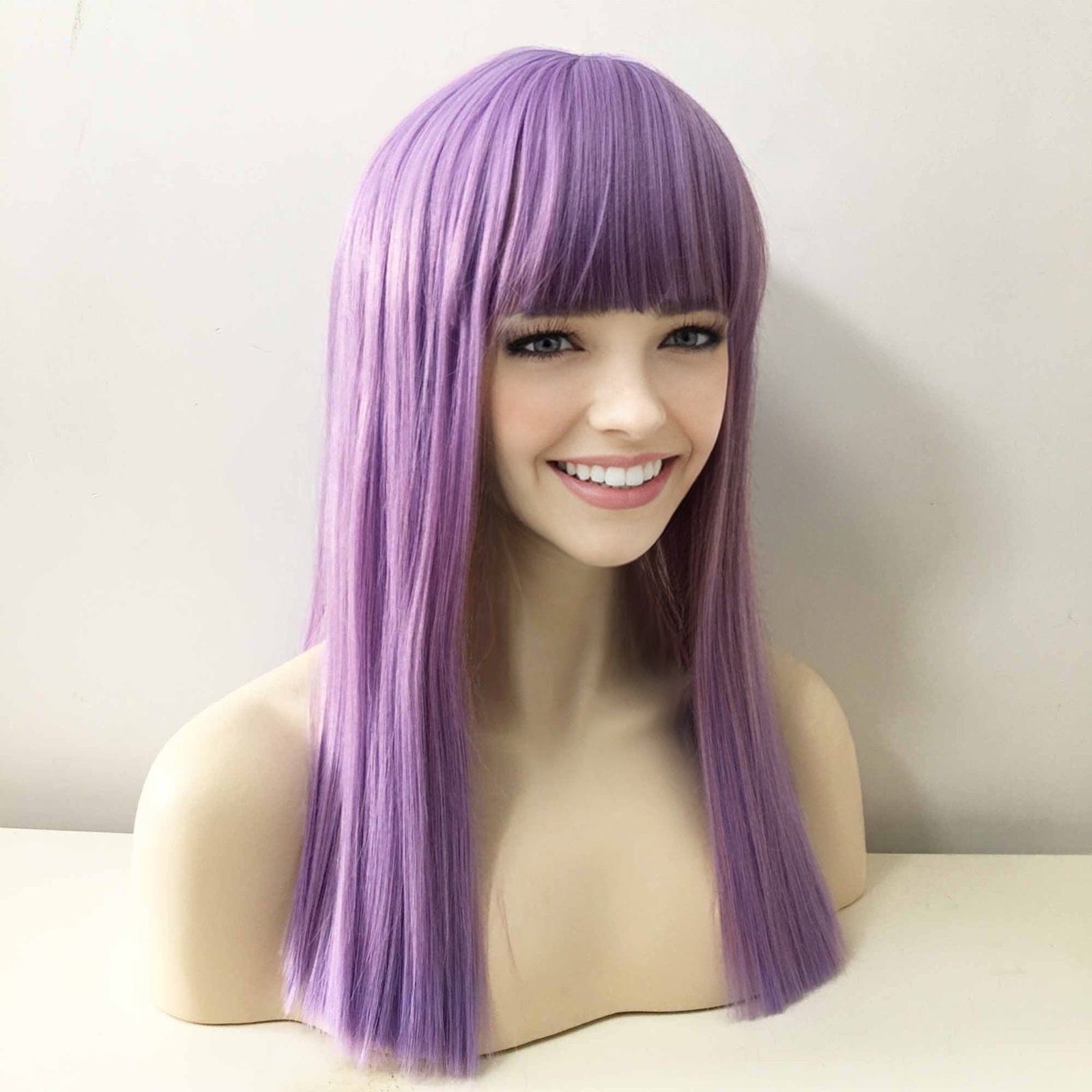 nevermindyrhead Women Lavender Purple Thick Bangs Long Straight Blunt Cut Wig