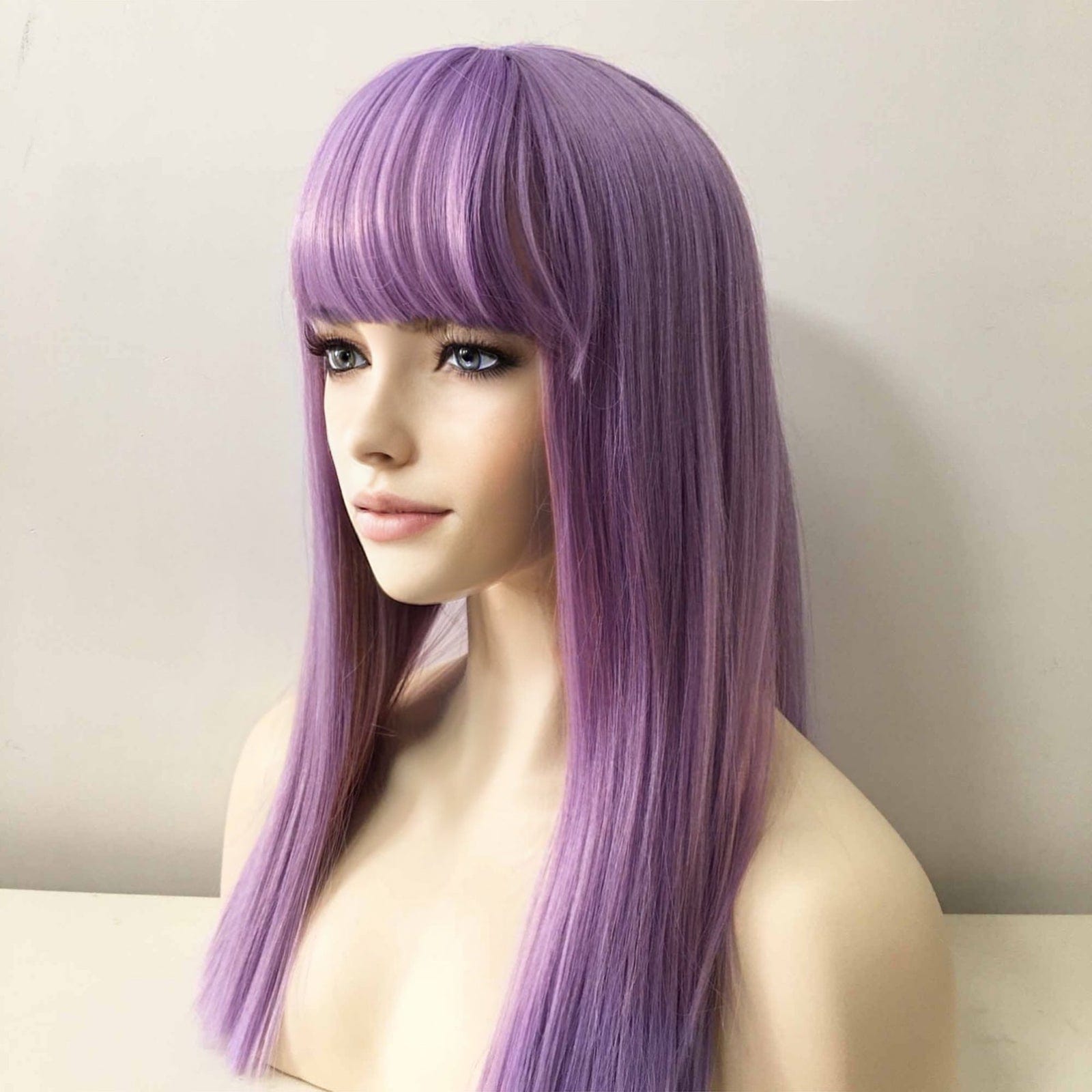 nevermindyrhead Women Lavender Purple Thick Bangs Long Straight Blunt Cut Wig