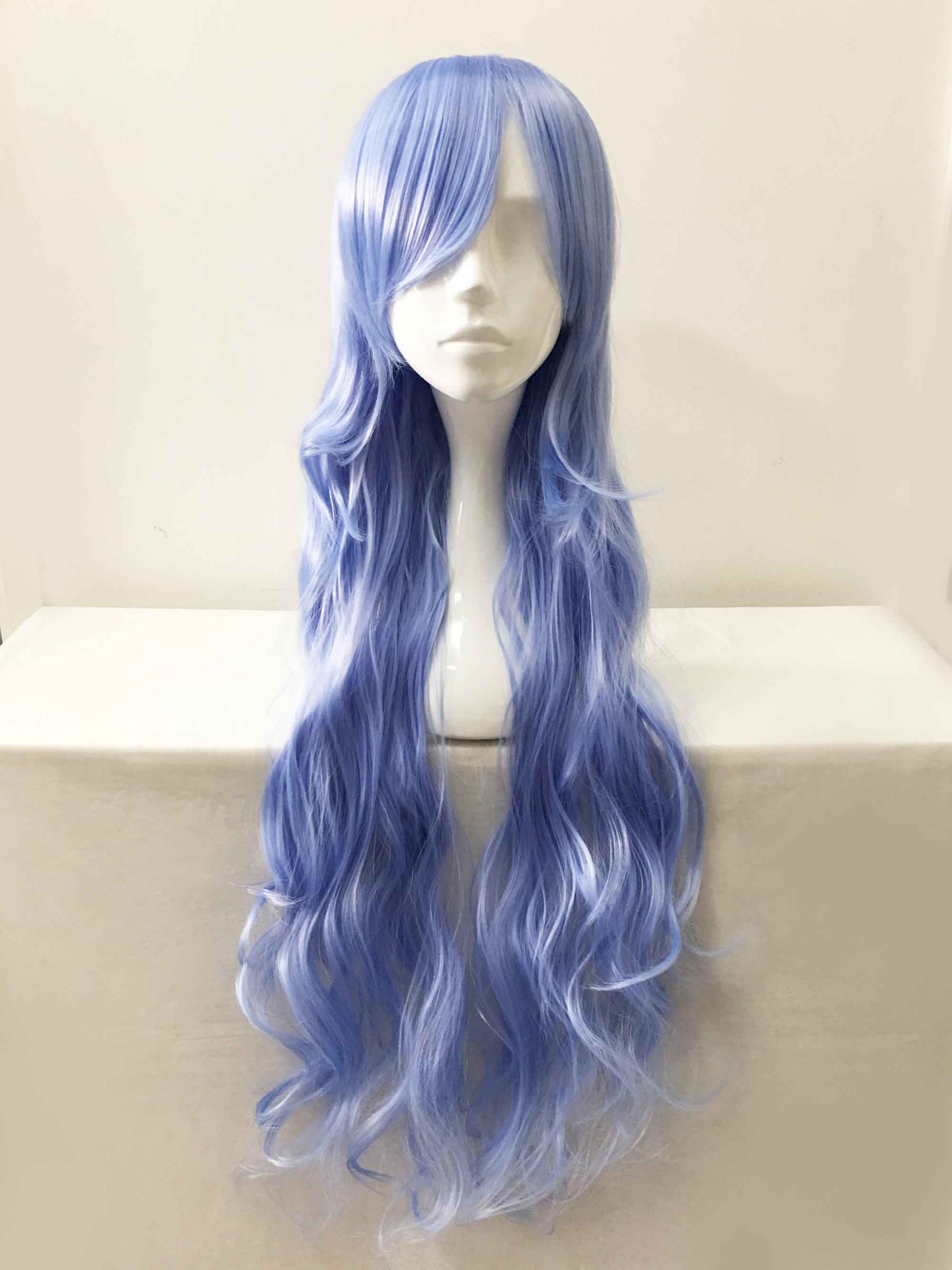 nevermindyrhead Women Light Blue Long Curly Side Swept Bangs Cosplay Wig