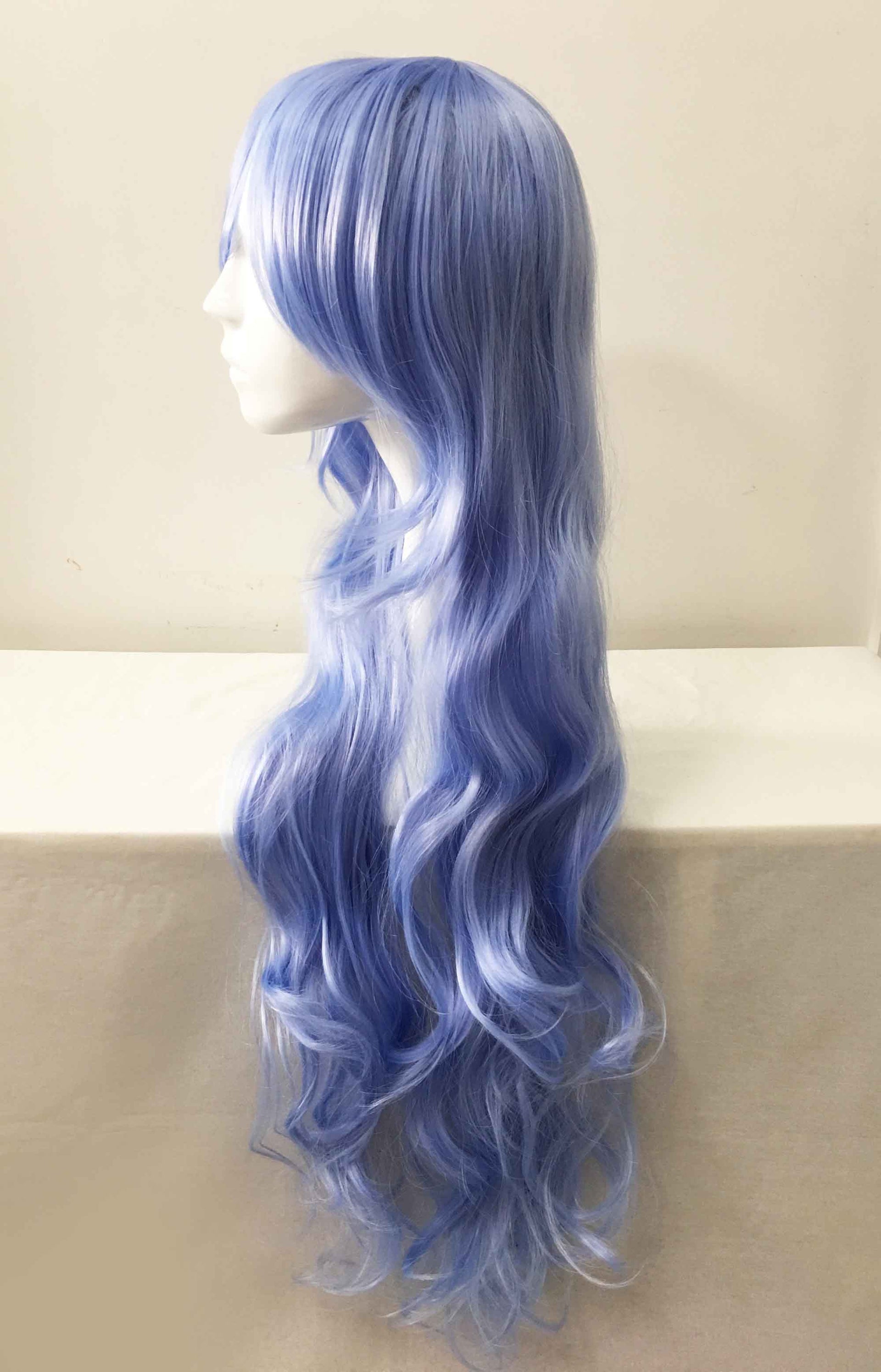 nevermindyrhead Women Light Blue Long Curly Side Swept Bangs Cosplay Wig