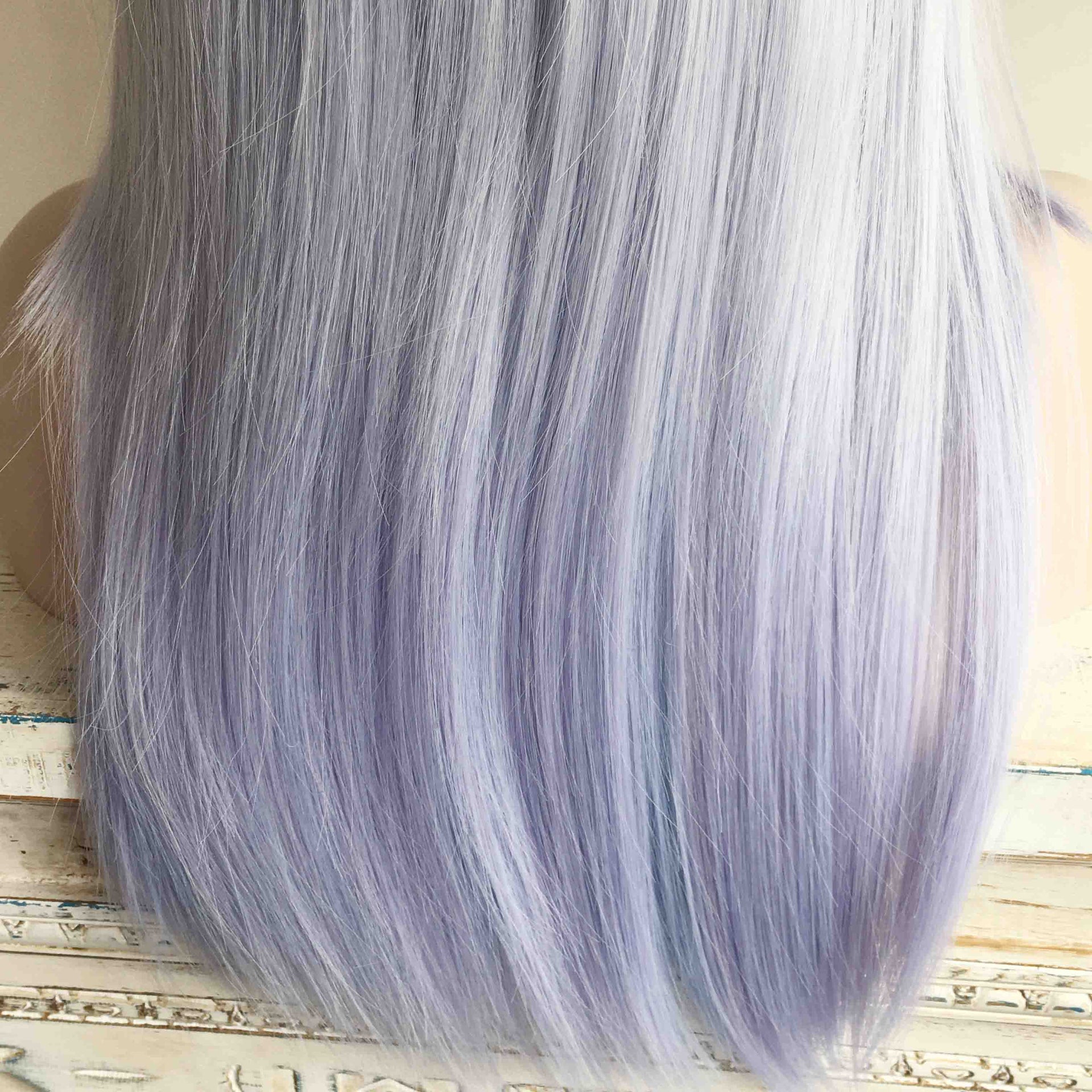 nevermindyrhead Women Light Lavender Purple And Blue Ombre Long Straight Fringe Bangs Wig