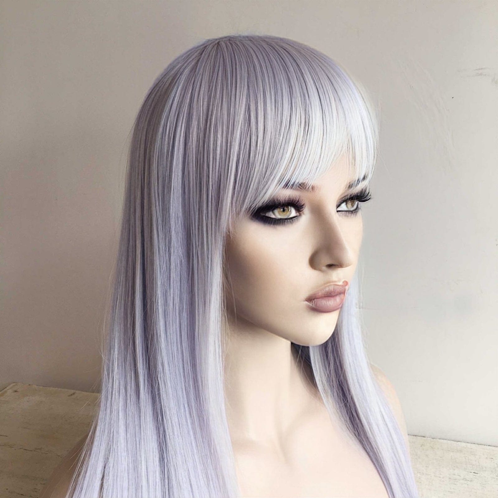 nevermindyrhead Women Light Lavender Purple And Blue Ombre Long Straight Fringe Bangs Wig