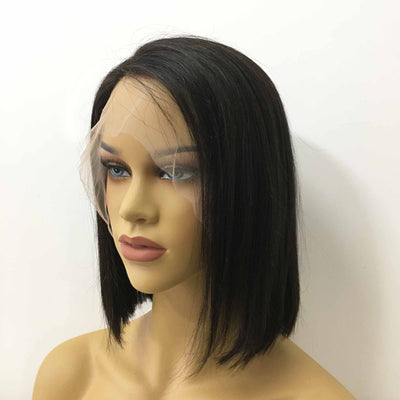 Women Natural Black Human Hair 13X6 Lace Front Medium Length Straight Side Part Wig