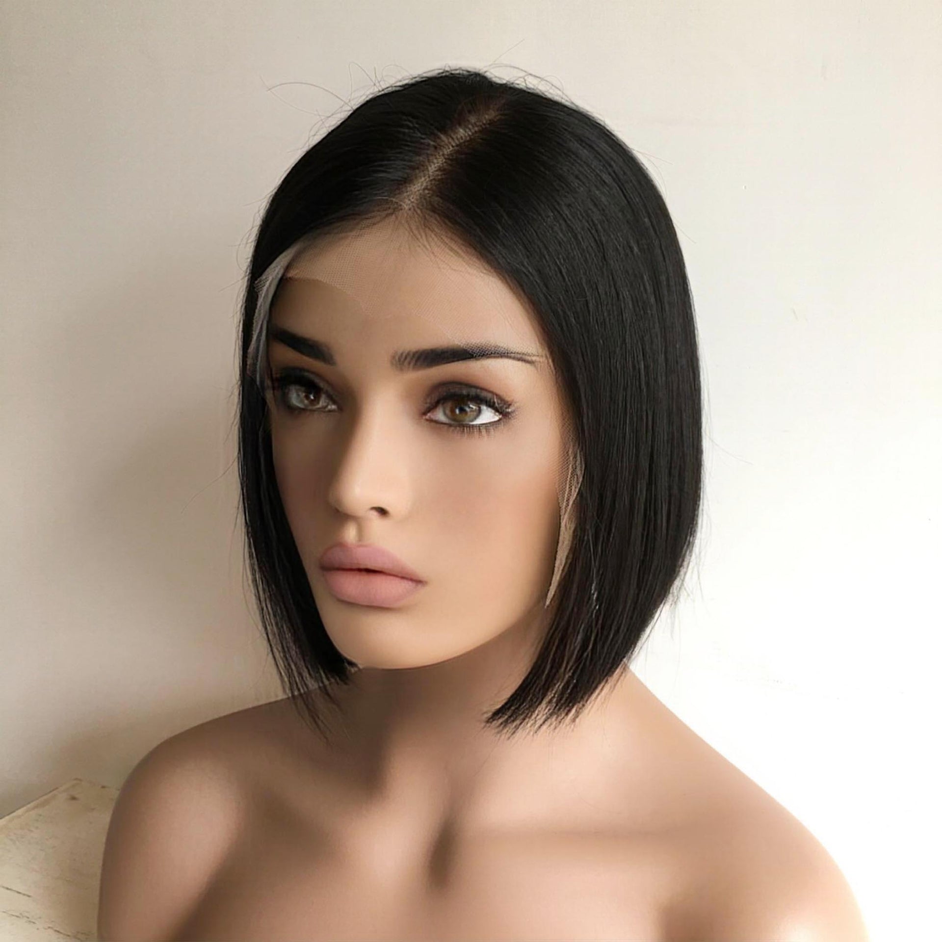 nevermindyrhead Women Natural Black Human Hair 13X6 Lace Front Short Bob Straight Side Part Wig 8 Inches