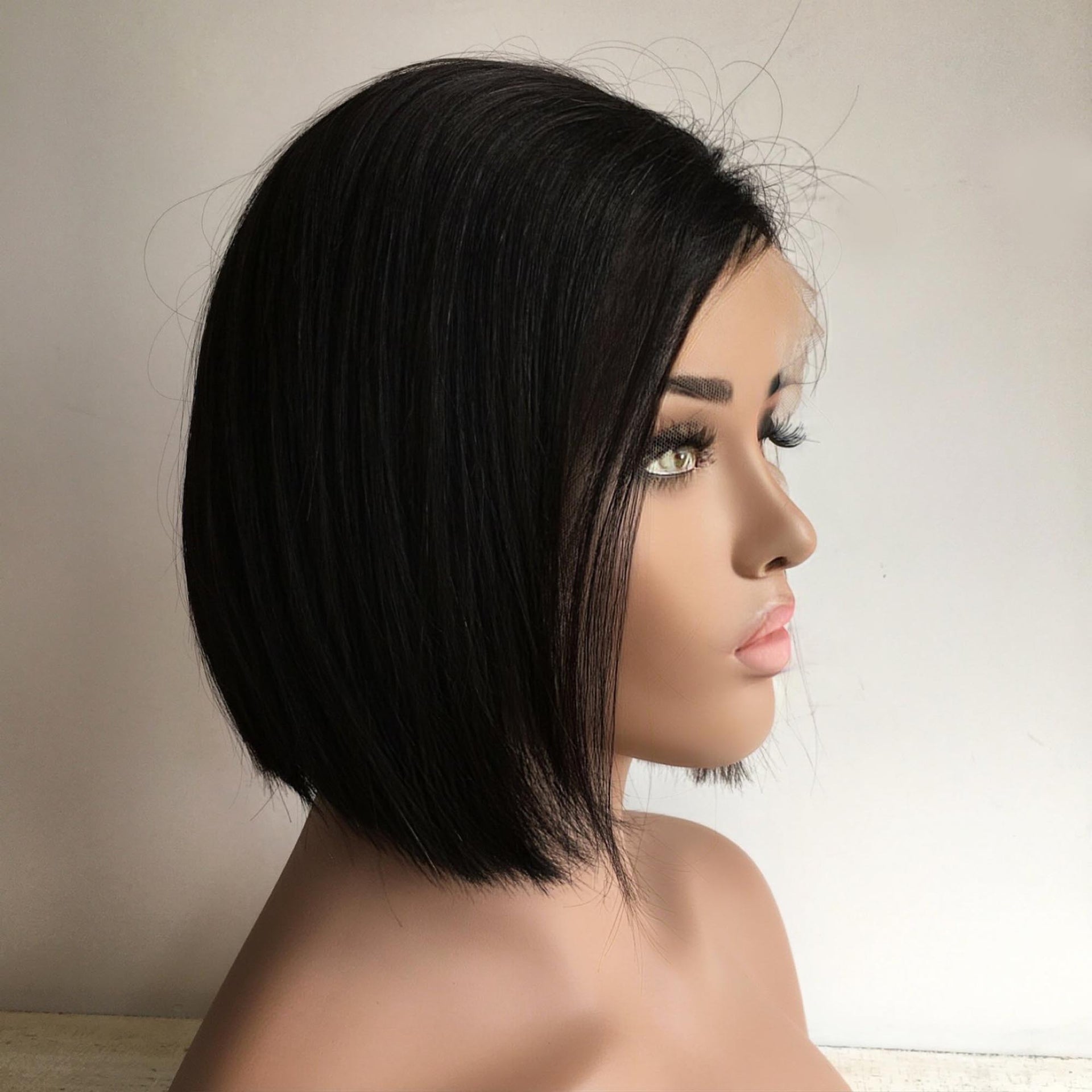 nevermindyrhead Women Natural Black Human Hair 13X6 Lace Front Short Bob Straight Side Part Wig 8 Inches