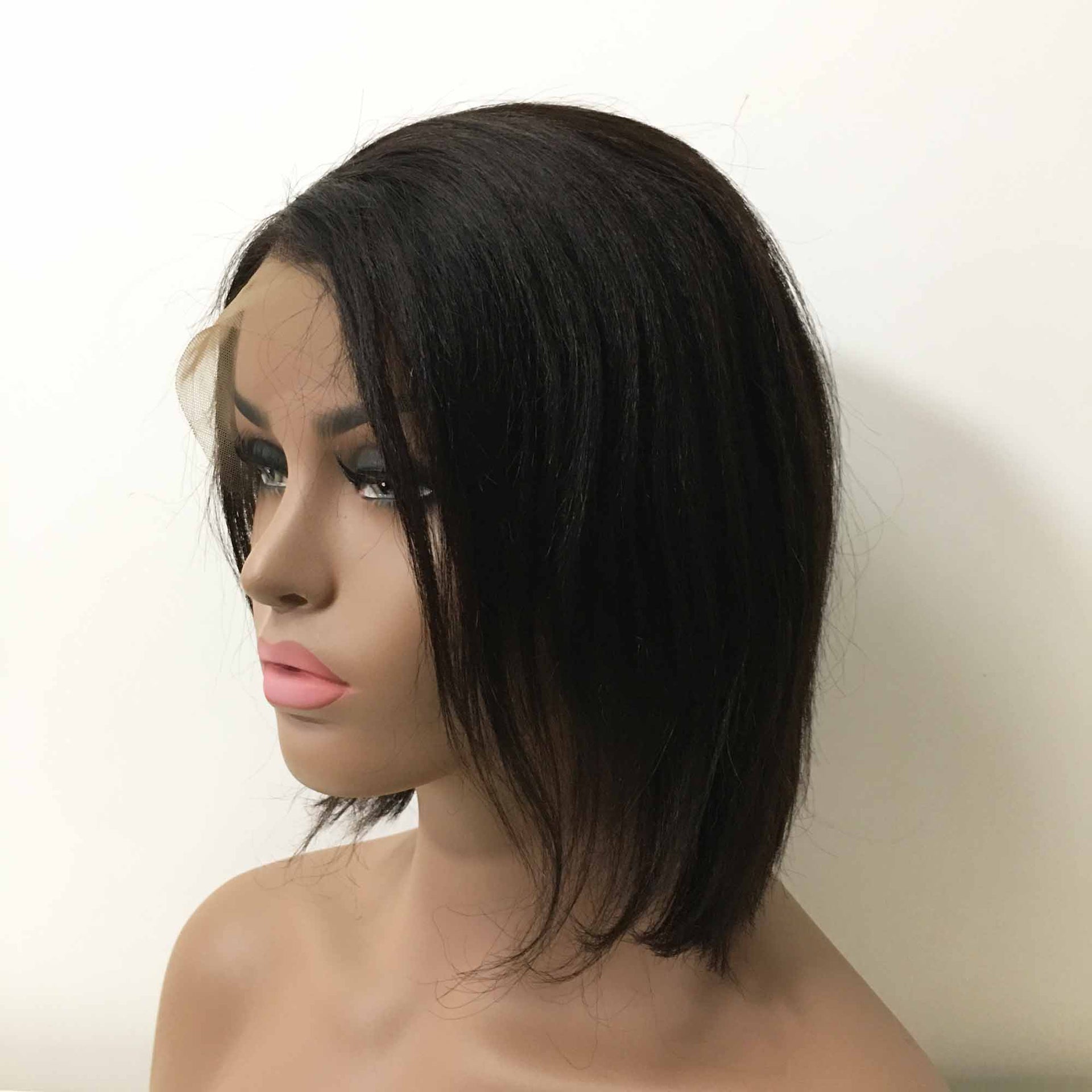 nevermindyrhead Women Natural Black Human Hair Yaki Texture Short Straight Side Part Wig