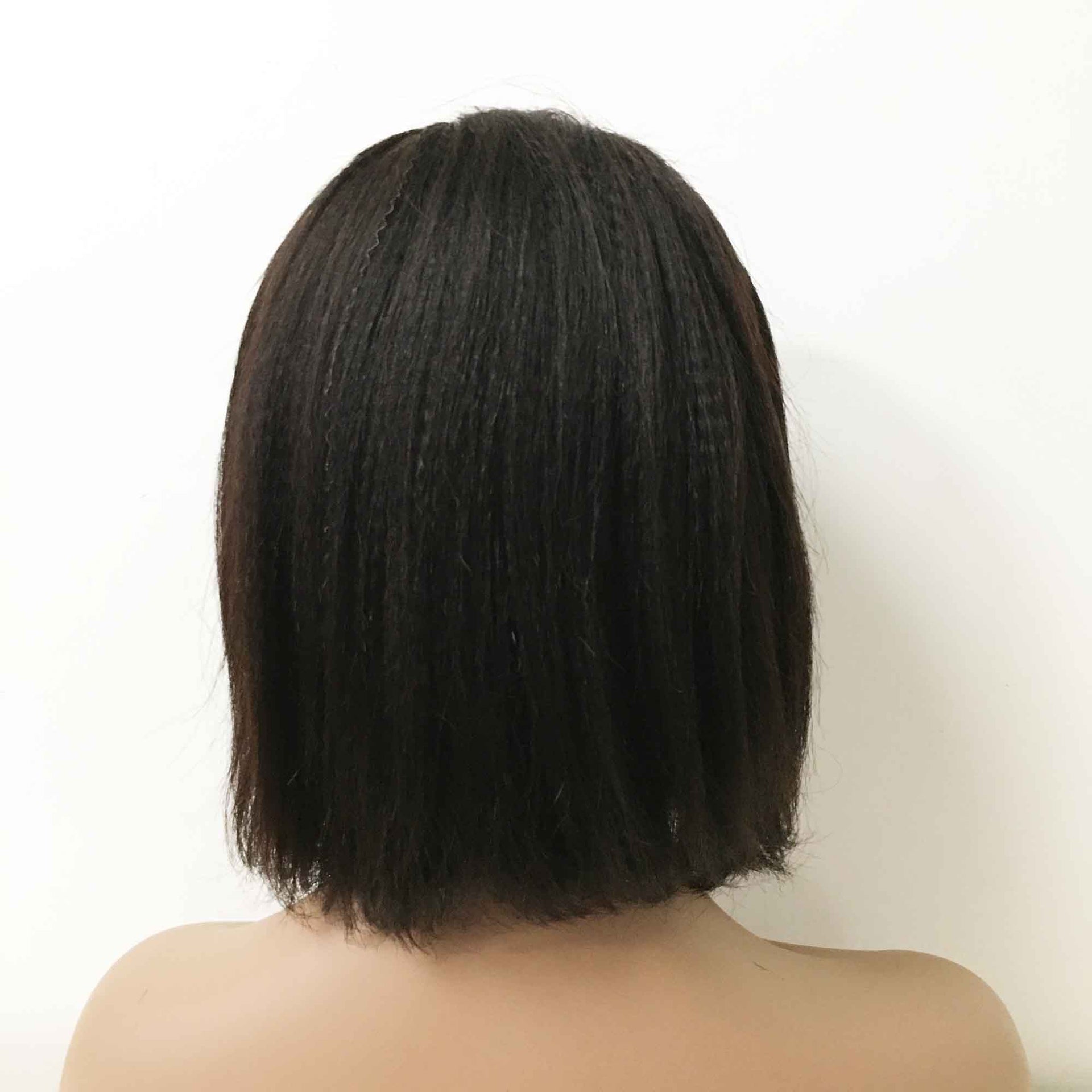 nevermindyrhead Women Natural Black Human Hair Yaki Texture Short Straight Side Part Wig