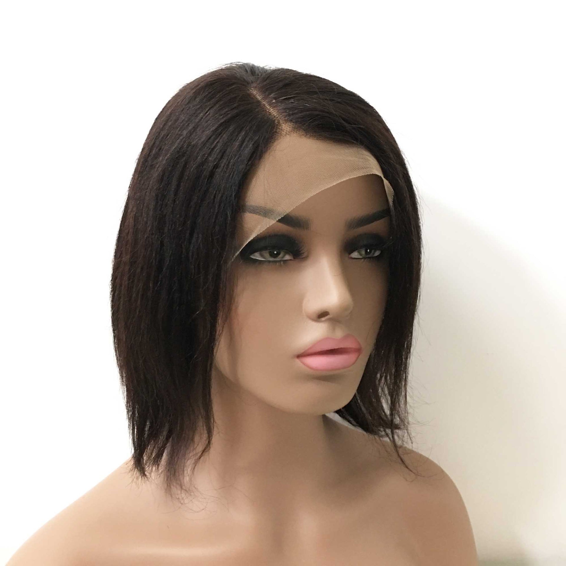 nevermindyrhead Women Natural Black Human Hair Yaki Texture Short Straight Side Part Wig