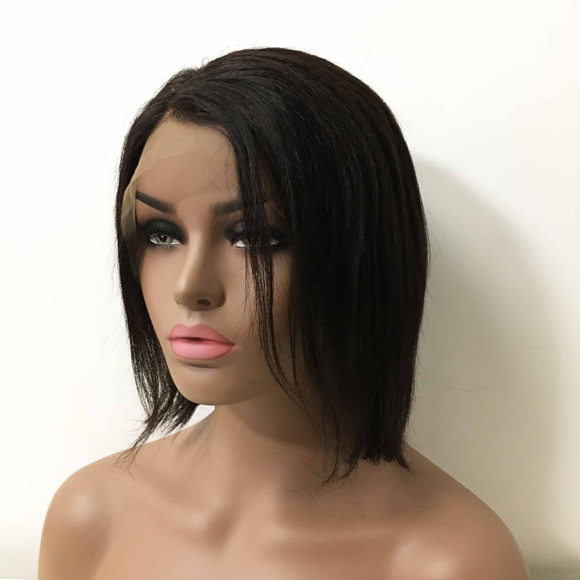 nevermindyrhead Women Natural Black Human Hair Yaki Texture Short Straight Side Part Wig