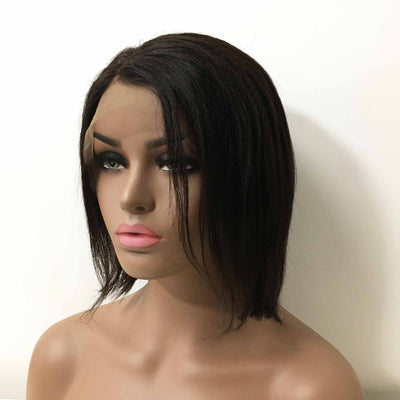 Women Natural Black Human Hair Lace front Yaki Texture Short Straight Side Part Wig