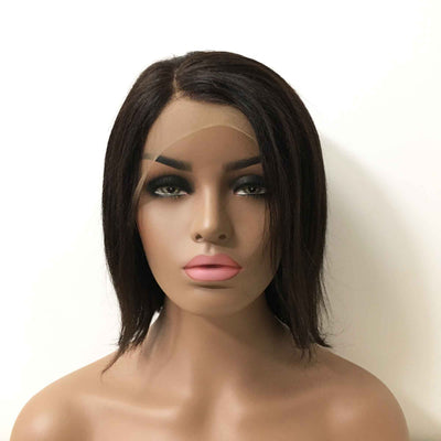 Women Natural Black Human Hair Lace front Yaki Texture Short Straight Side Part Wig
