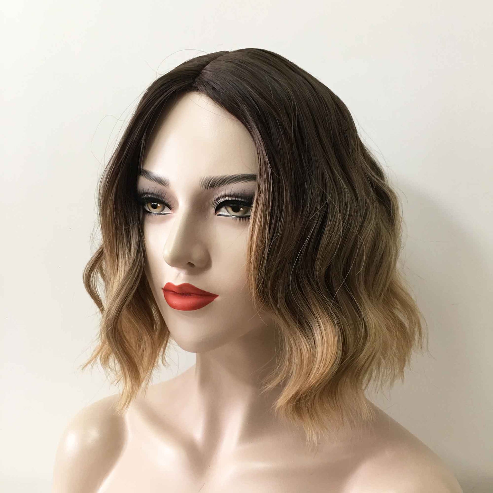 nevermindyrhead Women Ombre Dark Brown Blonde Short Curly Middle Part Bob Wig