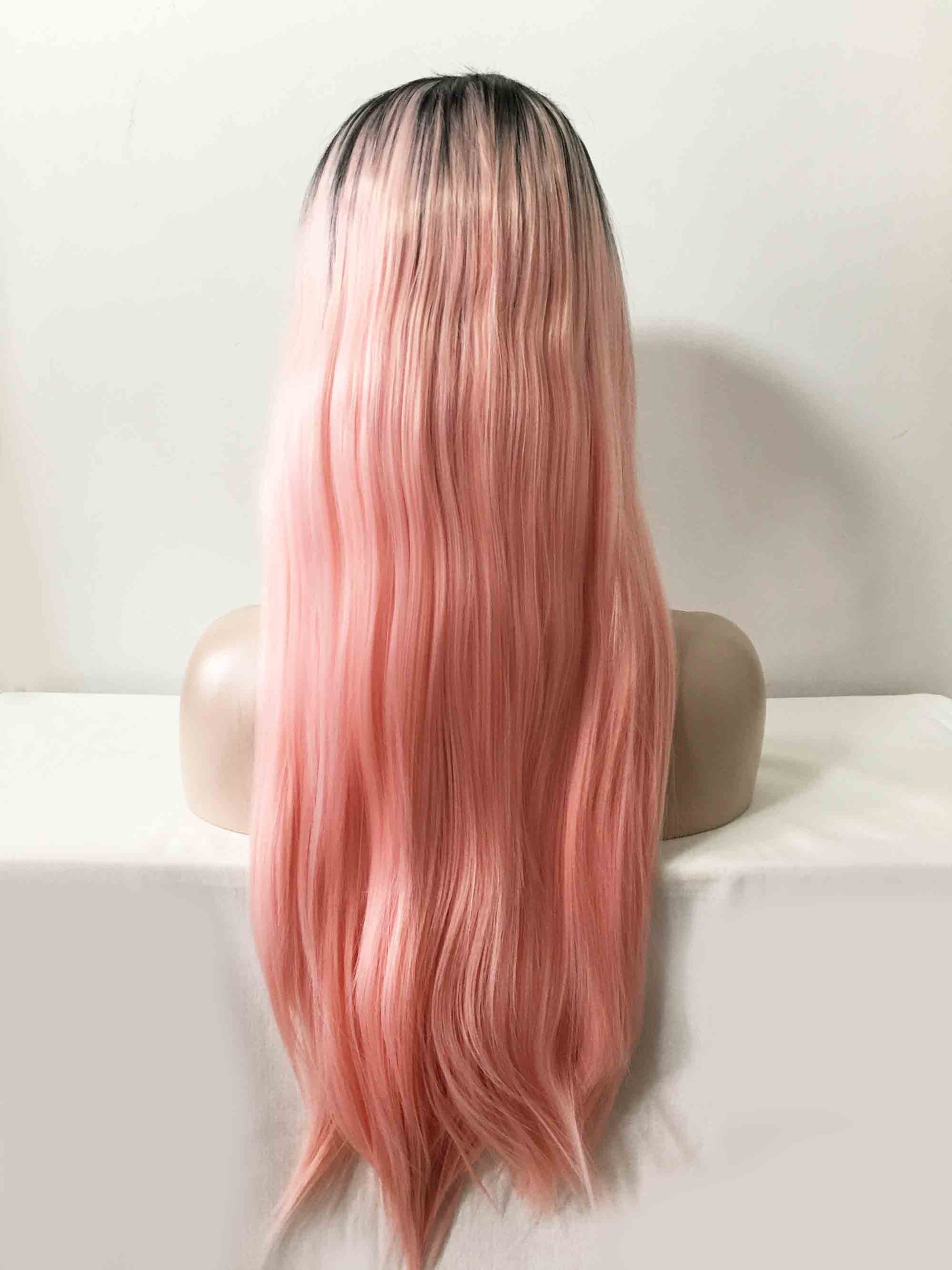 nevermindyrhead Women Ombre Pink Lace Front Dark Root Long Straight Middle Part Wig