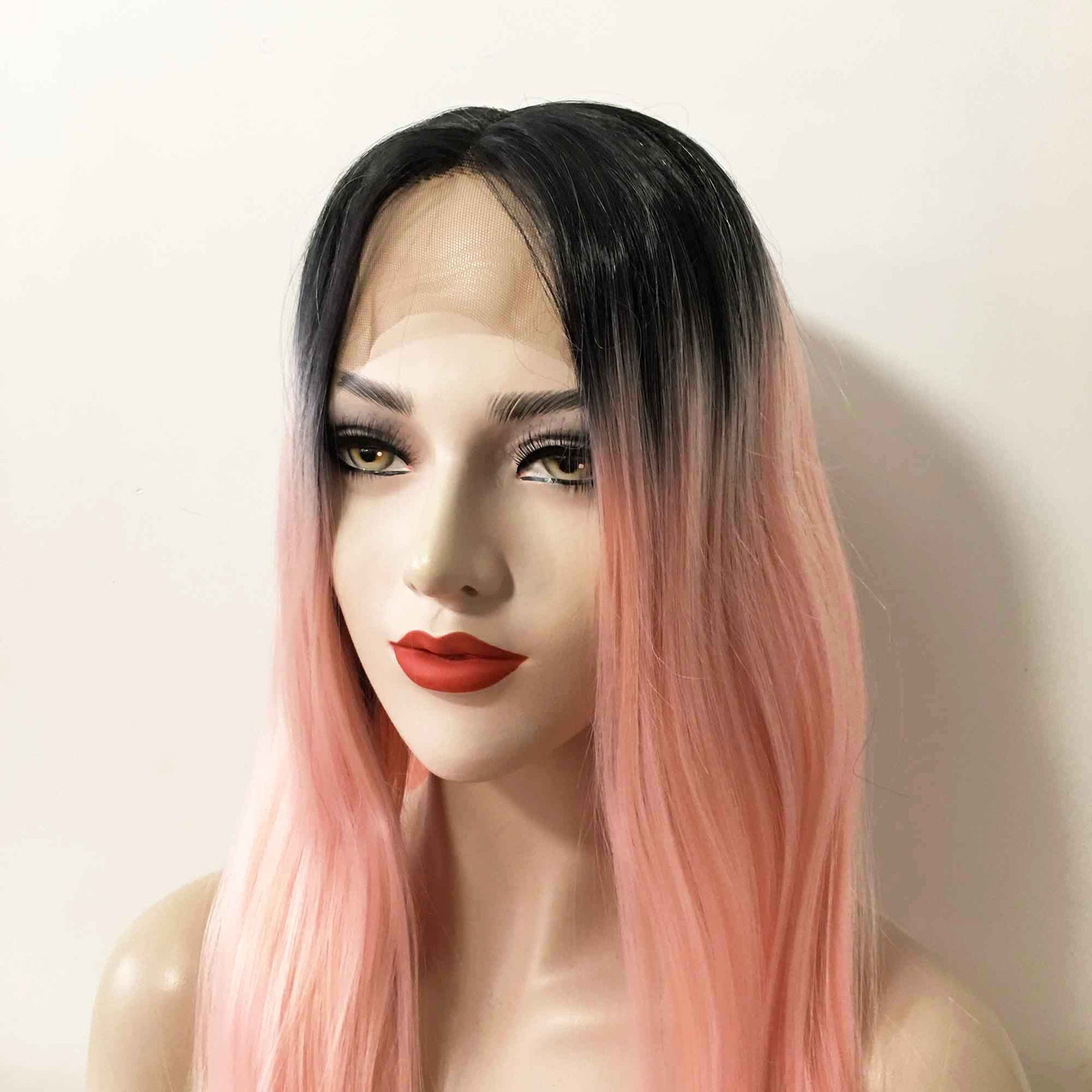 nevermindyrhead Women Ombre Pink Lace Front Dark Root Long Straight Middle Part Wig