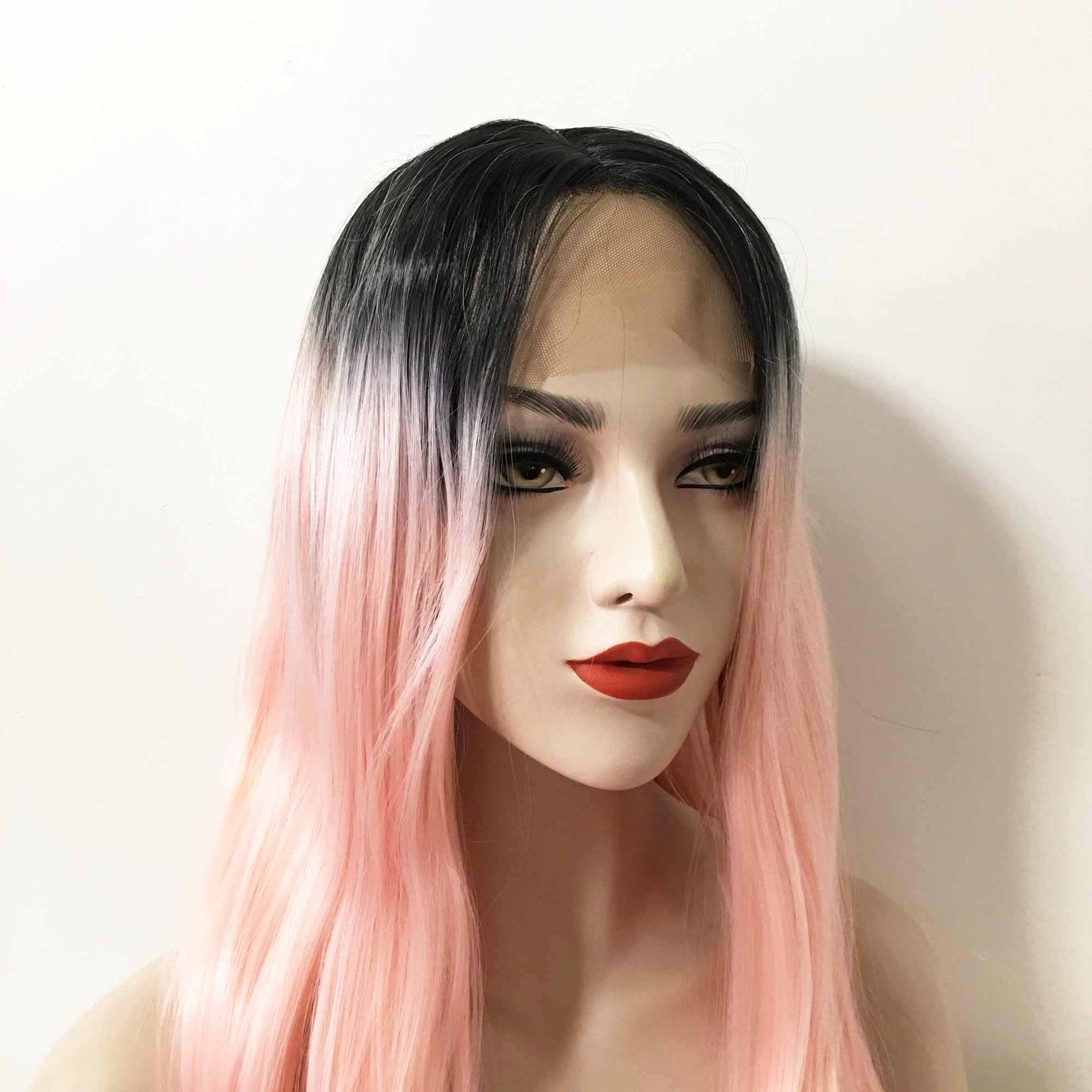 nevermindyrhead Women Ombre Pink Lace Front Dark Root Long Straight Middle Part Wig