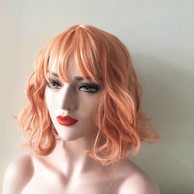 Women Orange Short Curly Bob Fringe Bangs Wig