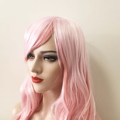 Women Pink Ombre Long Wavy  Side Swept Bangs Wig