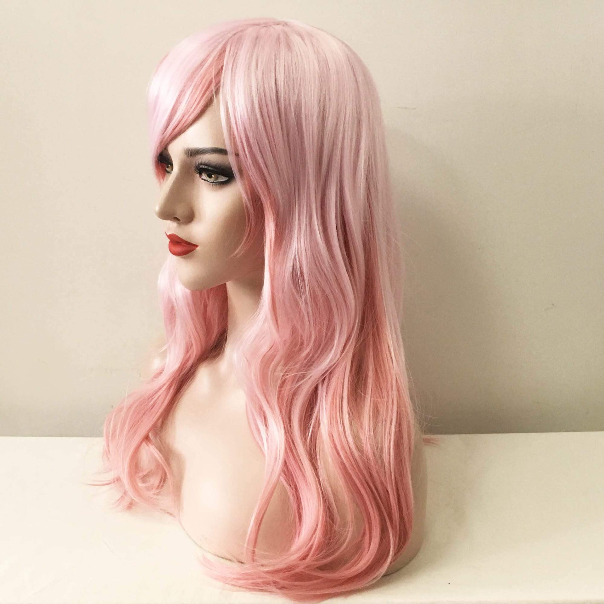 nevermindyrhead Women Pink Ombre Long Wavy  Side Swept Bangs Wig