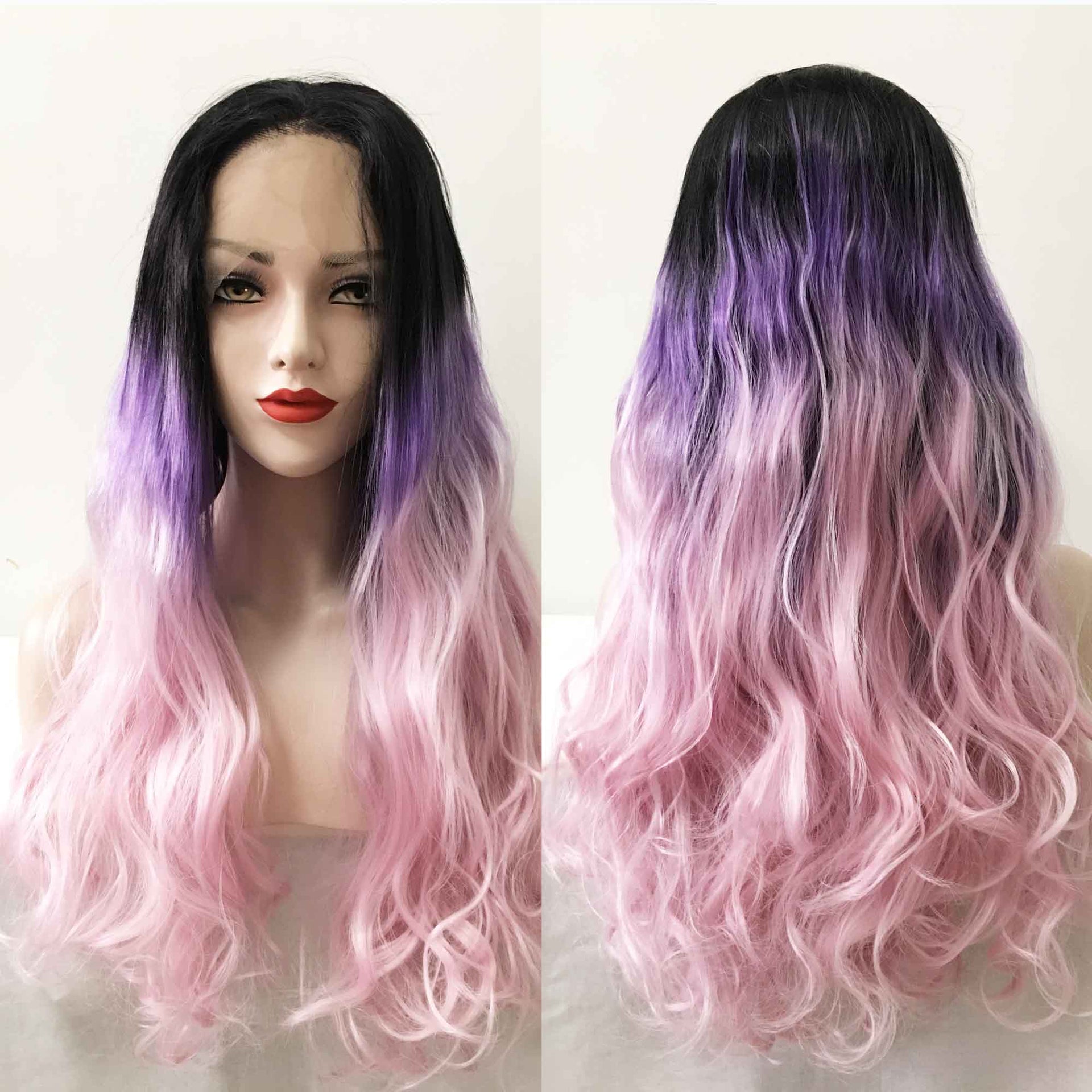 nevermindyrhead Women Pink Purple Ombre Dark Root Lace Front Long Curly Middle Part Wig
