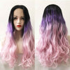 Women Pink Purple Ombre Dark Root Lace Front Long Curly Middle Part Wig