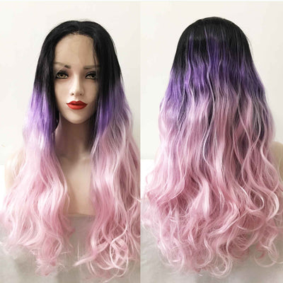 Women Pink Purple Ombre Dark Root Lace Front Long Curly Middle Part Wig