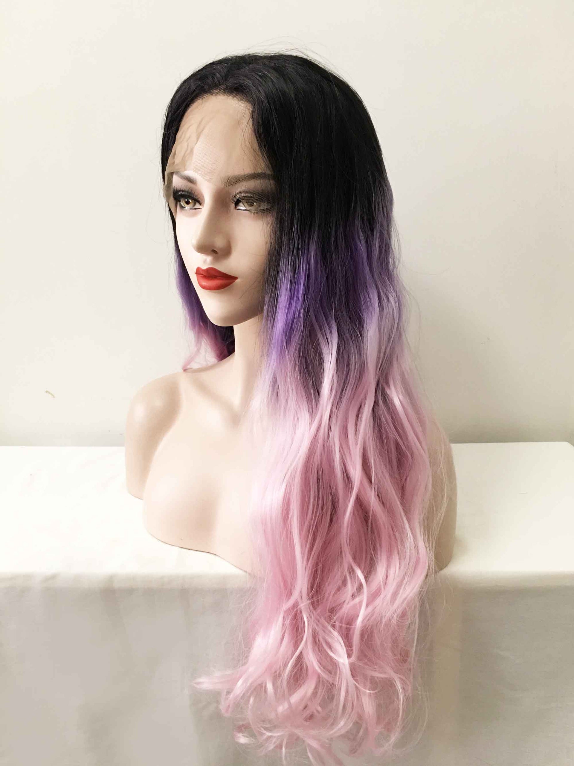 nevermindyrhead Women Pink Purple Ombre Dark Root Lace Front Long Curly Middle Part Wig