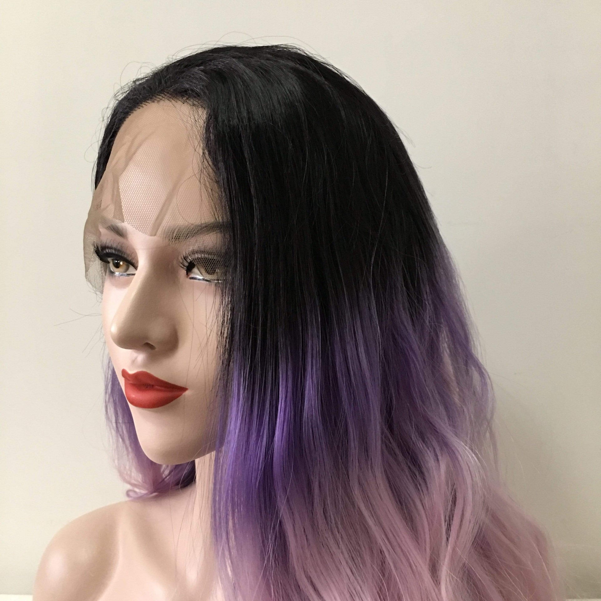 nevermindyrhead Women Pink Purple Ombre Dark Root Lace Front Long Curly Middle Part Wig